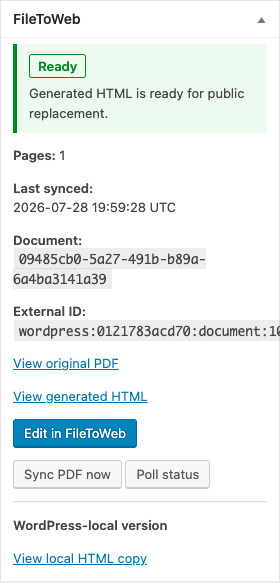 Ready FileToWeb document status panel with source, generated output, Studio, sync, polling, and local HTML actions