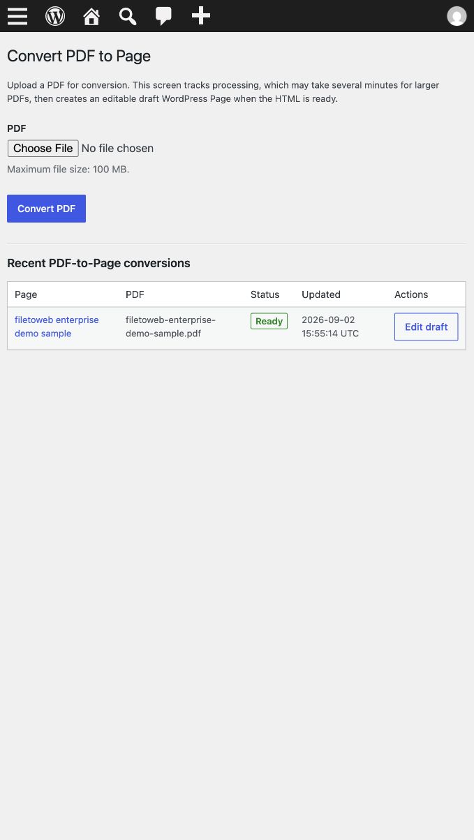 WordPress PDF-to-Page conversion marked Ready, with upload and Edit draft actions