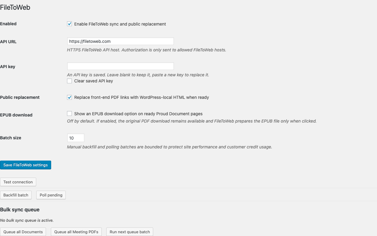 FileToWeb WordPress settings with connection, public replacement, batching, polling, and queue controls