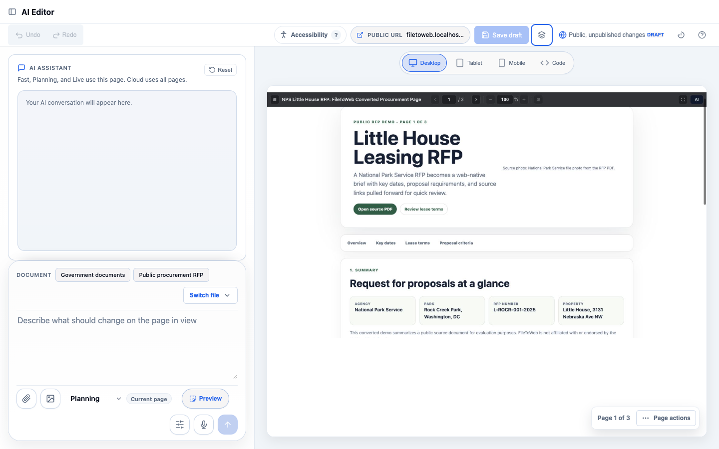 FileToWeb Studio showing Planning mode, responsive preview controls, accessibility status, and publishing controls
