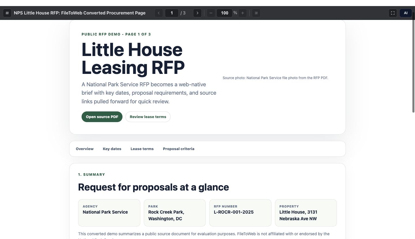 FileToWeb RFP web page with organized sections and procurement information
