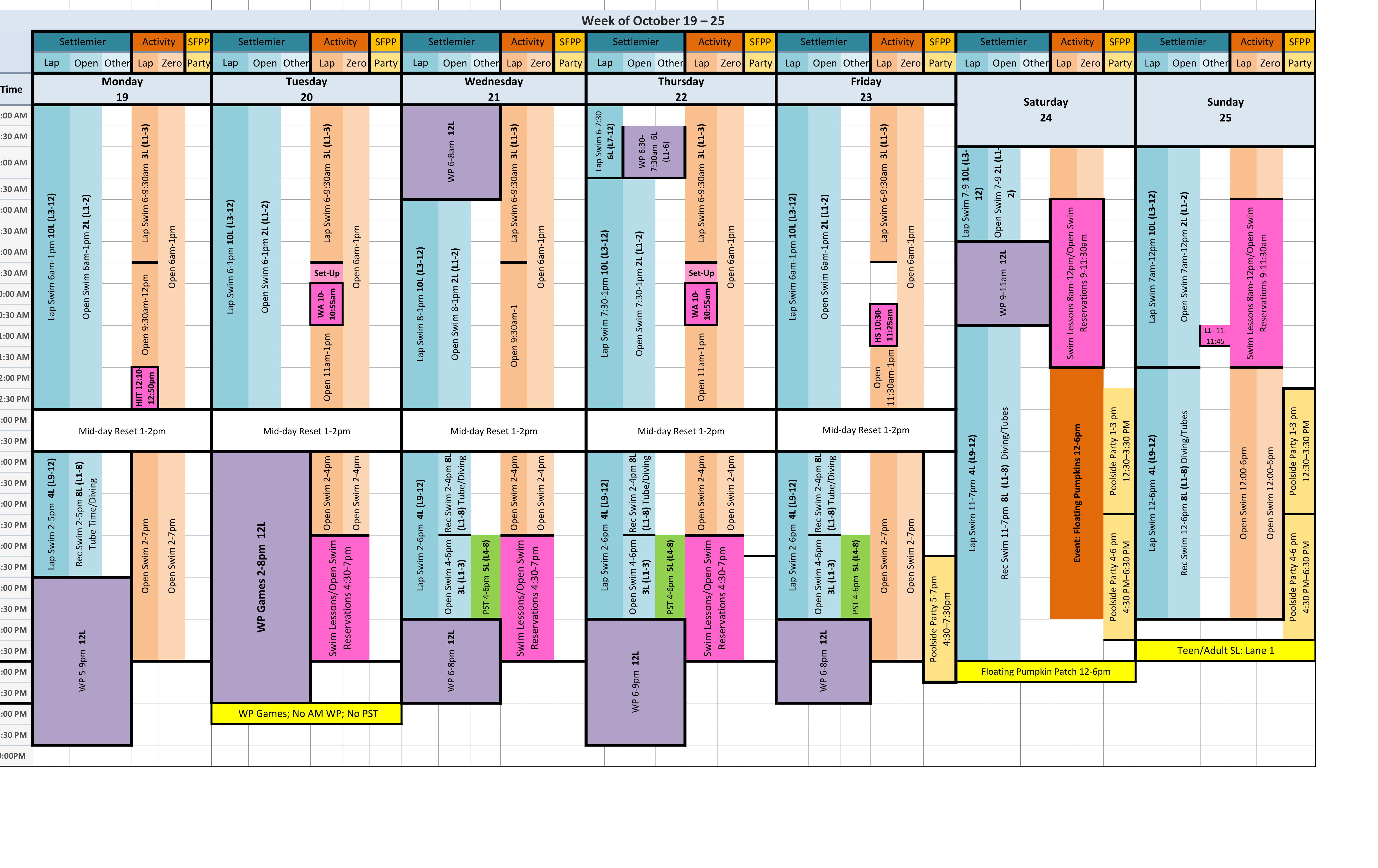 Original color-grid pool schedule for week of october 19–25; a text transcription follows.