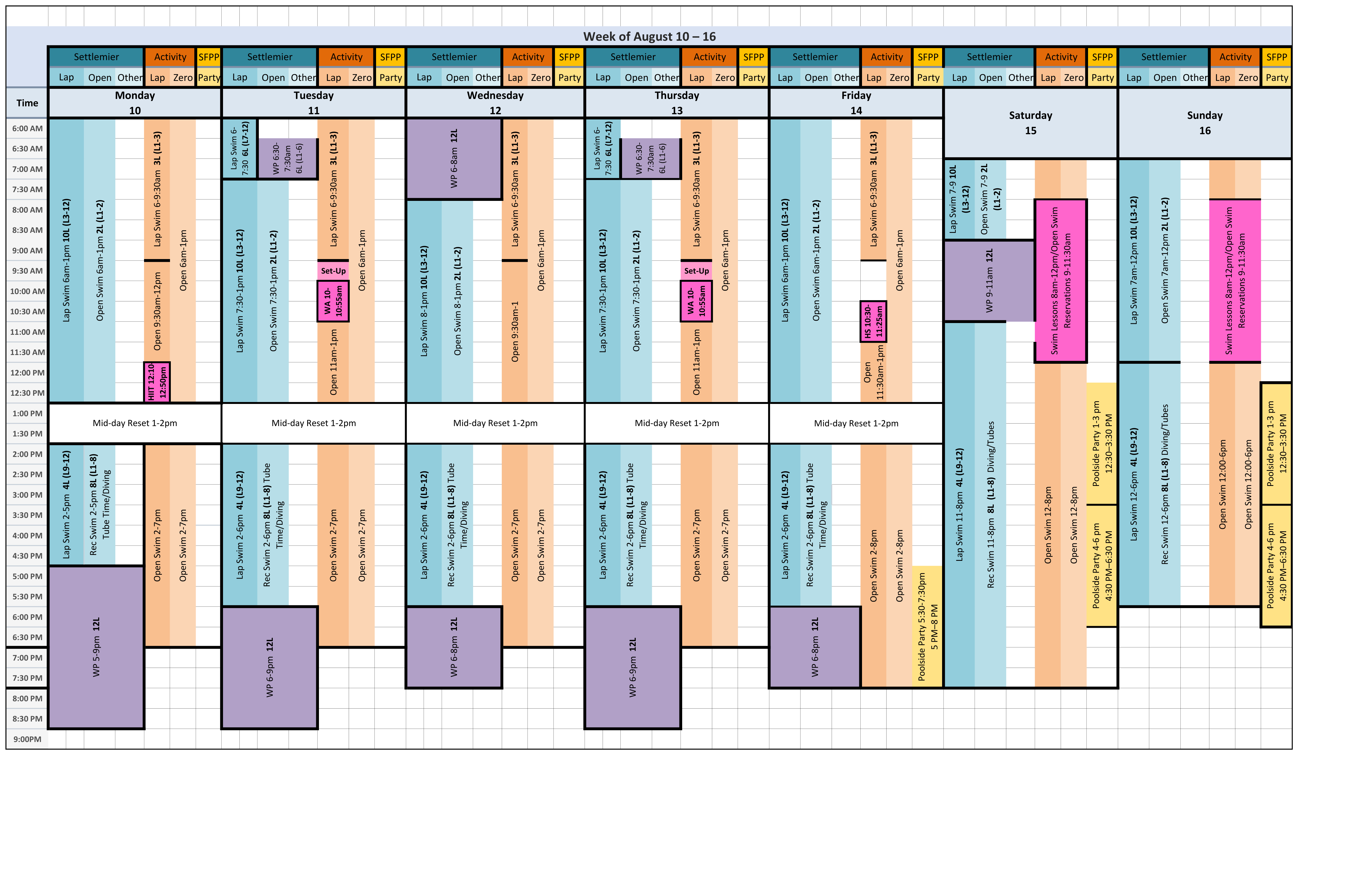 Original color-grid pool schedule for week of august 10–16; a text transcription follows.