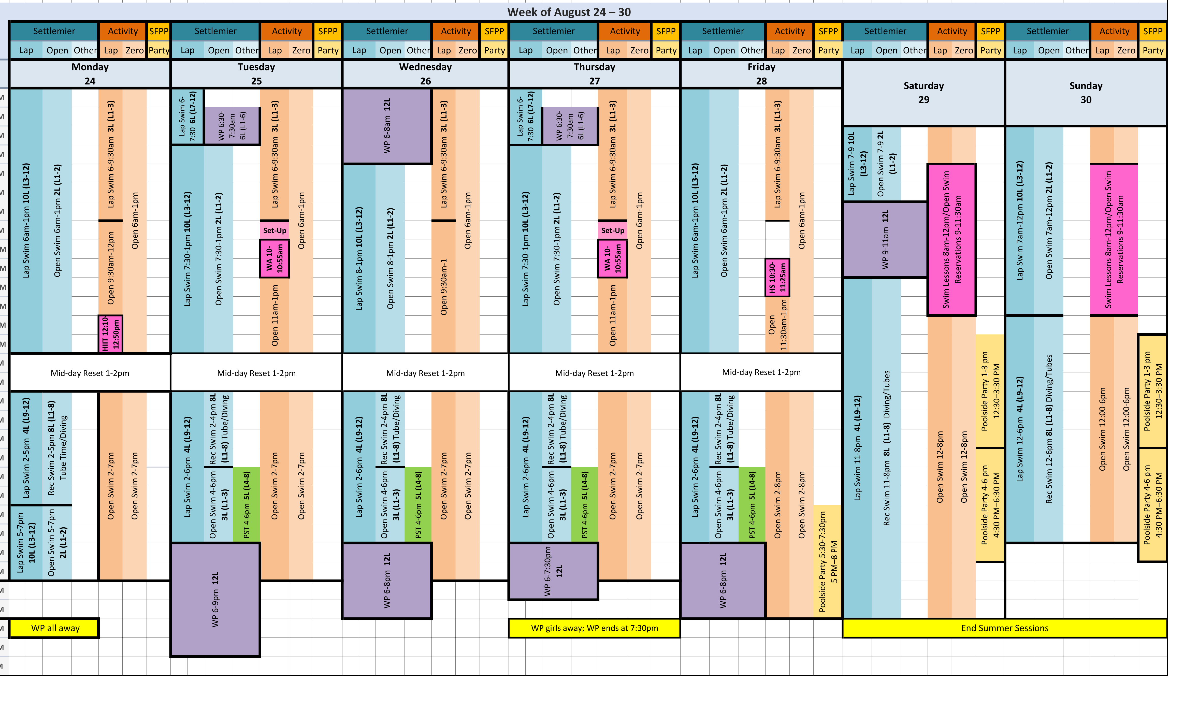 Original color-grid pool schedule for week of august 24–30; a text transcription follows.