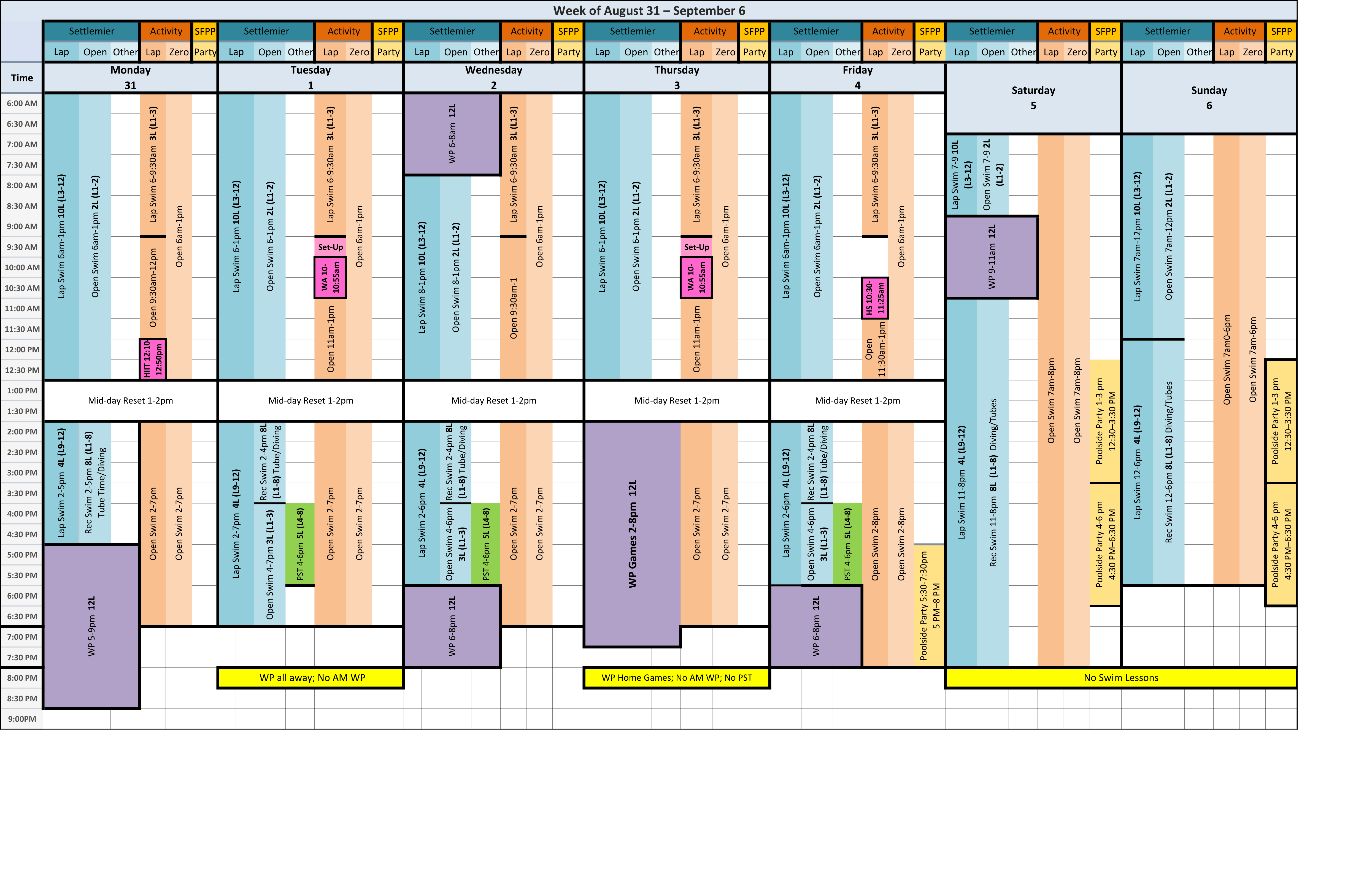 Original color-grid pool schedule for week of august 31–september 6; a text transcription follows.
