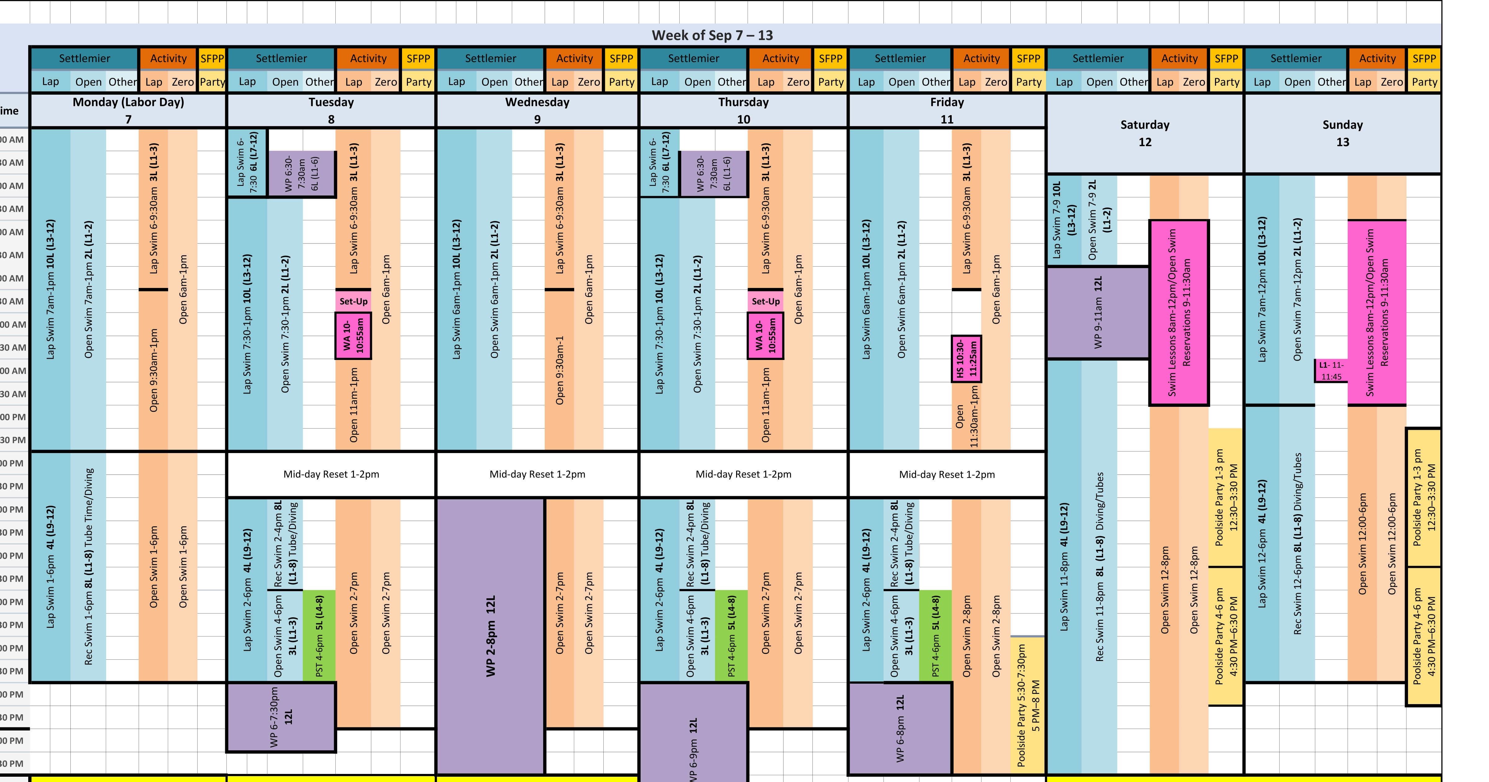 Original color-grid pool schedule for week of september 7–13; a text transcription follows.