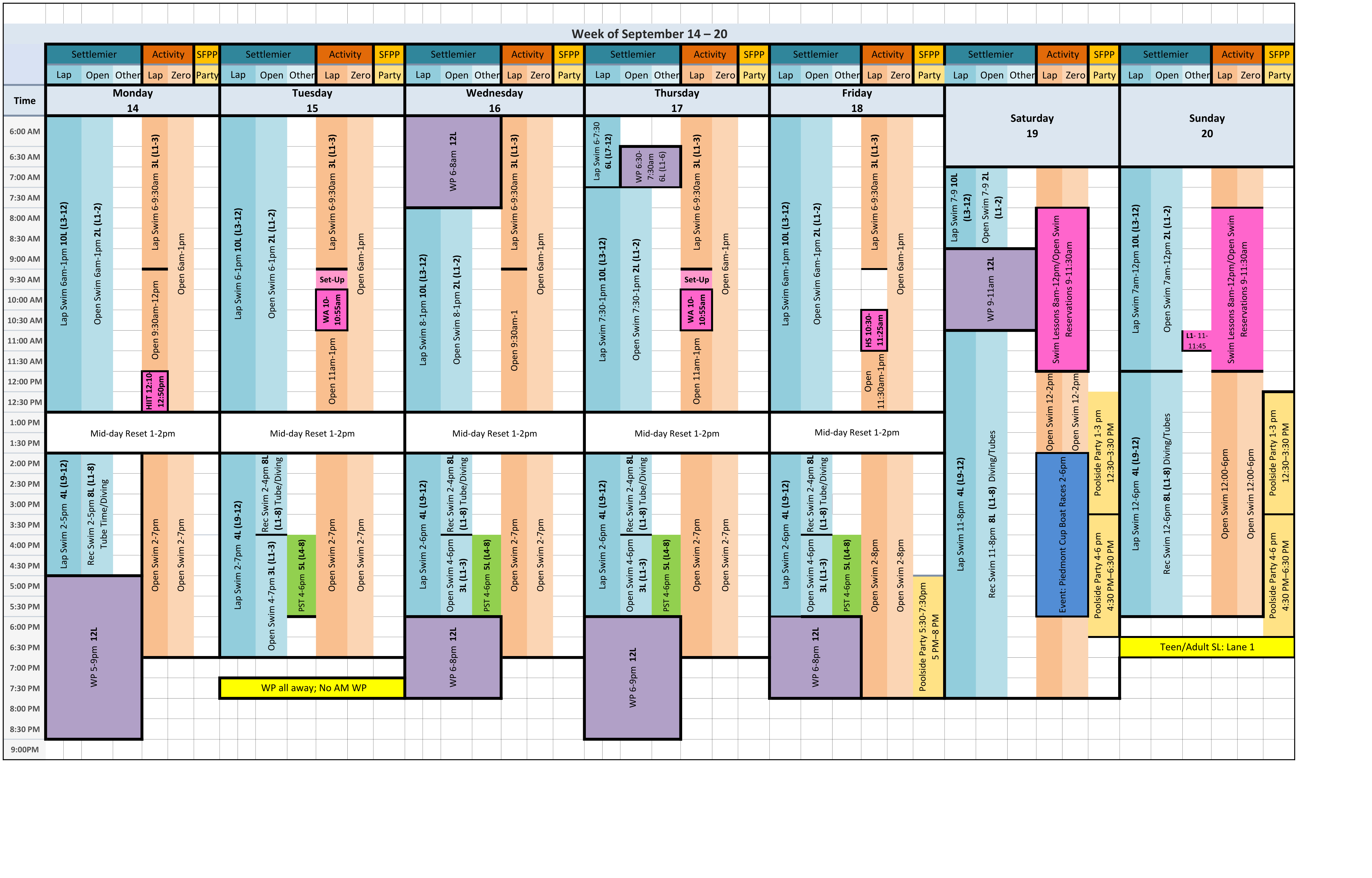 Original color-grid pool schedule for week of september 14–20; a text transcription follows.