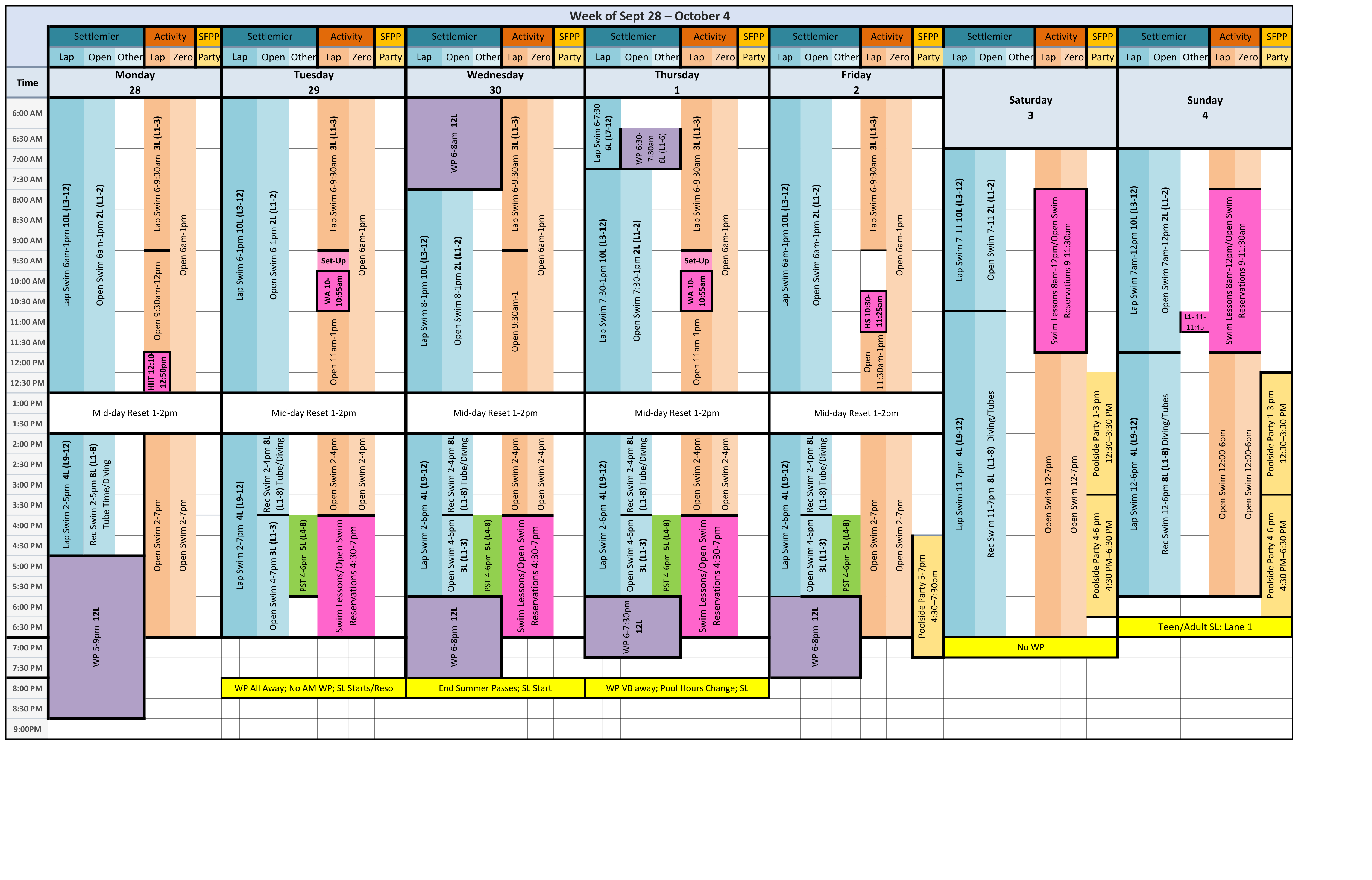 Original color-grid pool schedule for week of september 28–october 4; a text transcription follows.