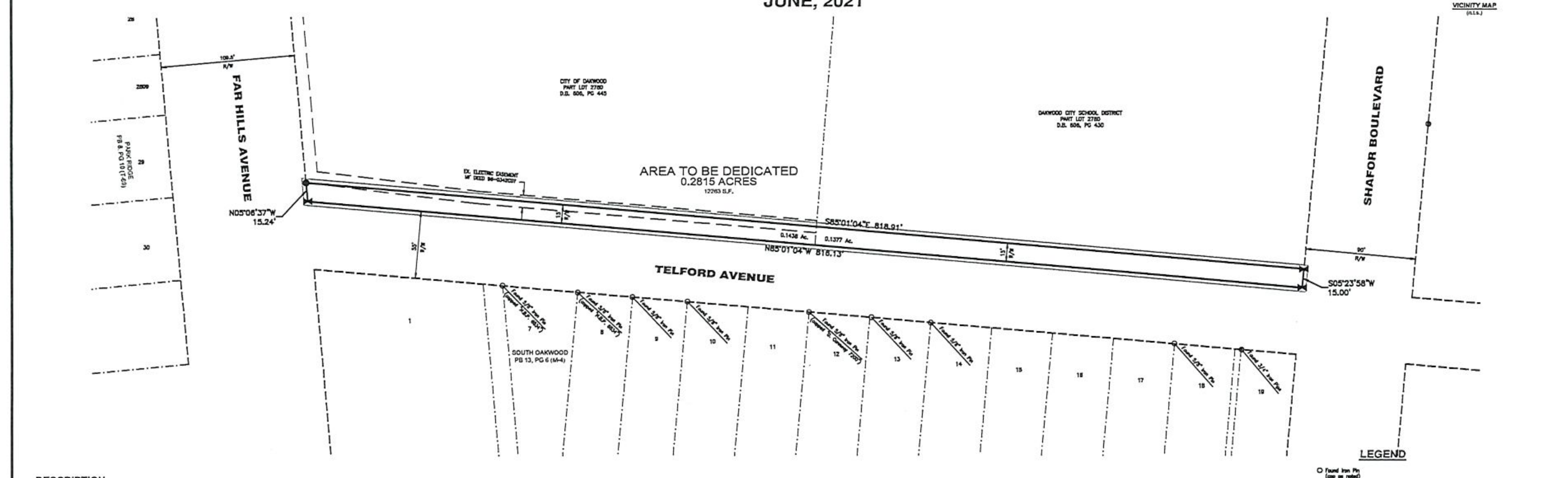 Survey drawing showing the area to be dedicated along Telford Avenue between Far Hills Avenue and Shafor Boulevard, with lot boundaries, dimensions, and a vicinity map