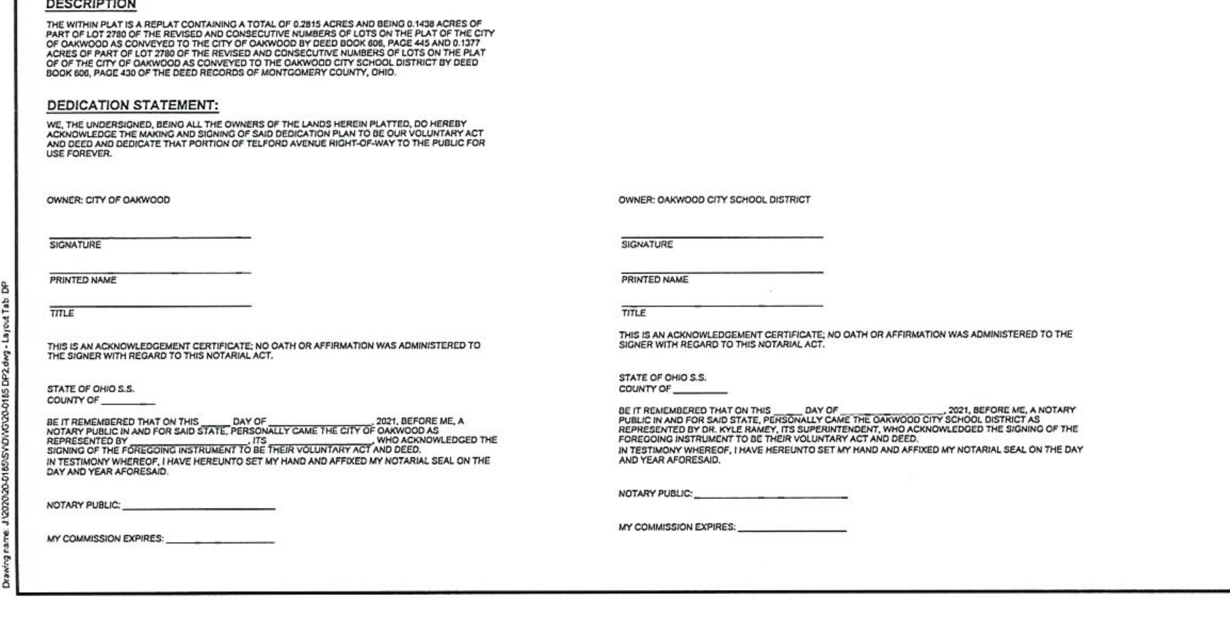Visual scan of the legal description, dedication statement, owner signature fields, and two notary acknowledgment blocks