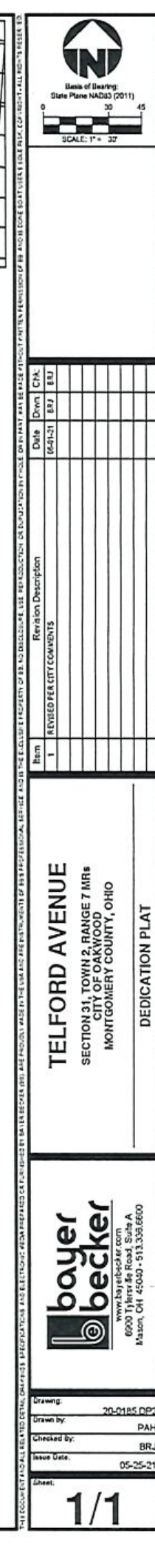 Visual scan of the vertical title block with Bayer Becker logo, north arrow, scale, revisions, Telford Avenue title, and sheet 1/1