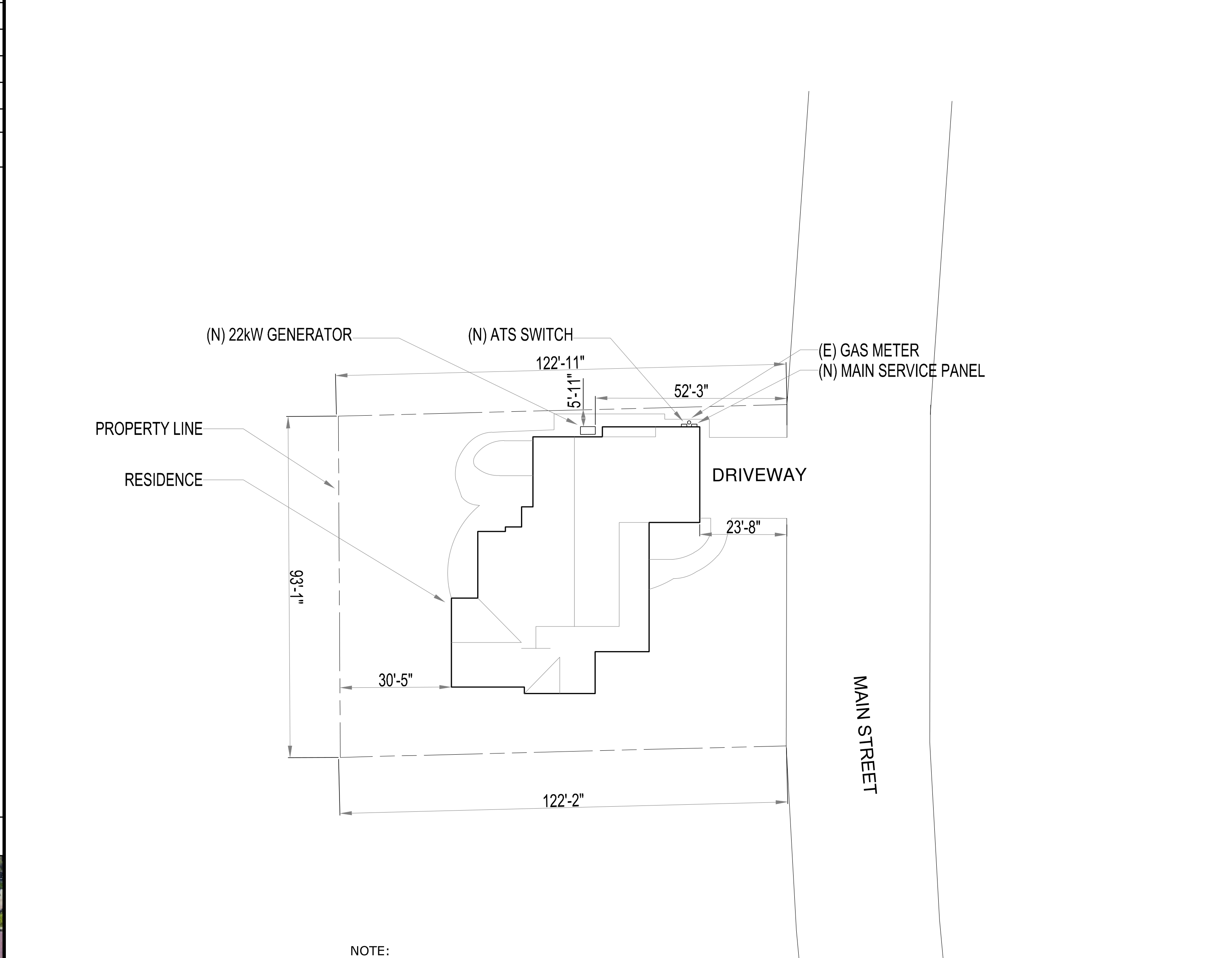 Engineering drawing of the site plan showing the residence footprint, property lines, driveway, and locations for the generator, ATS switch, and gas meter.