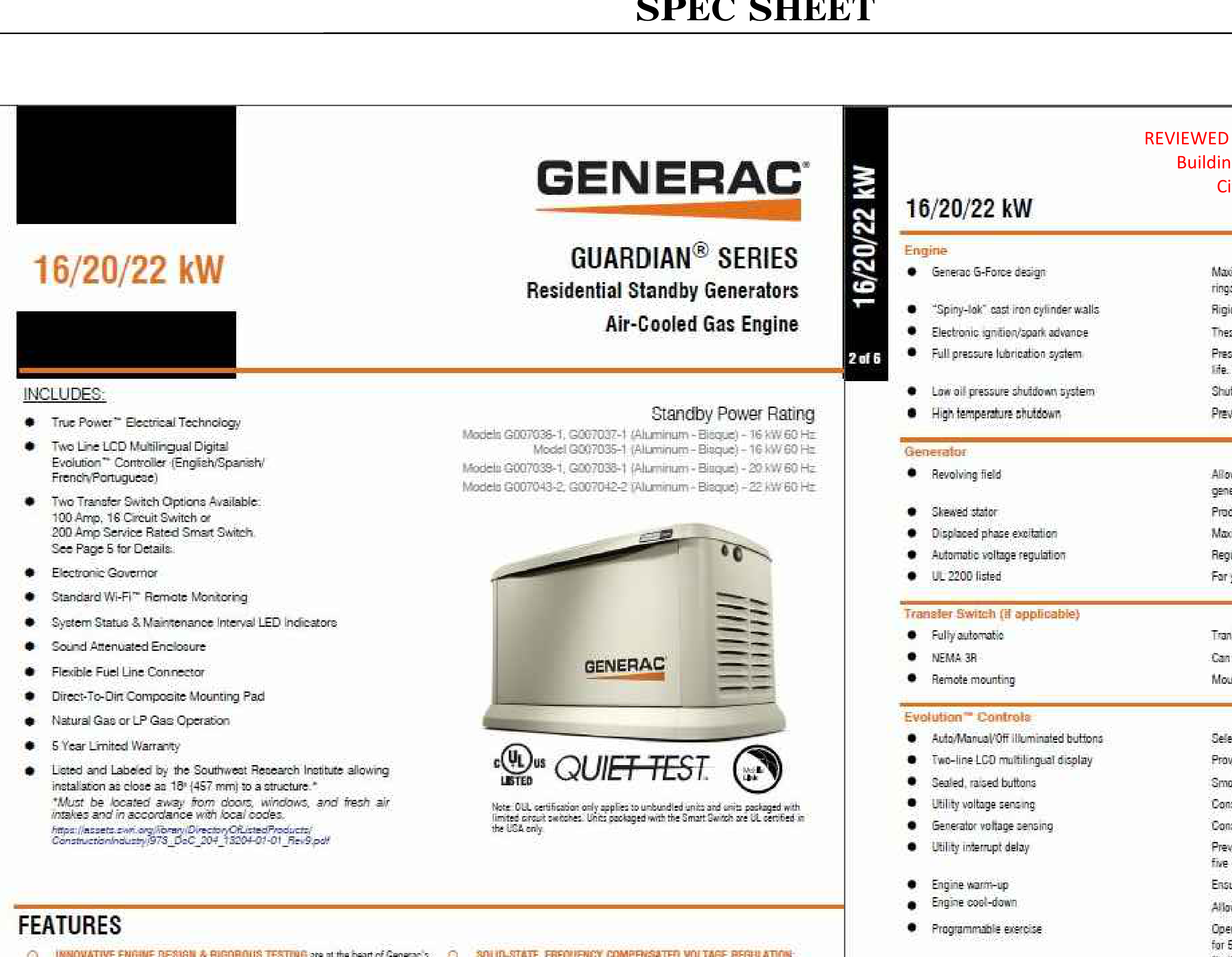 Generac brochure top section: Guardian Series Residential Standby Generators, Air-Cooled Gas Engine, 16/20/22 kW. Details include product highlights, standby power ratings, and features/benefits for the engine, generator, and control systems.