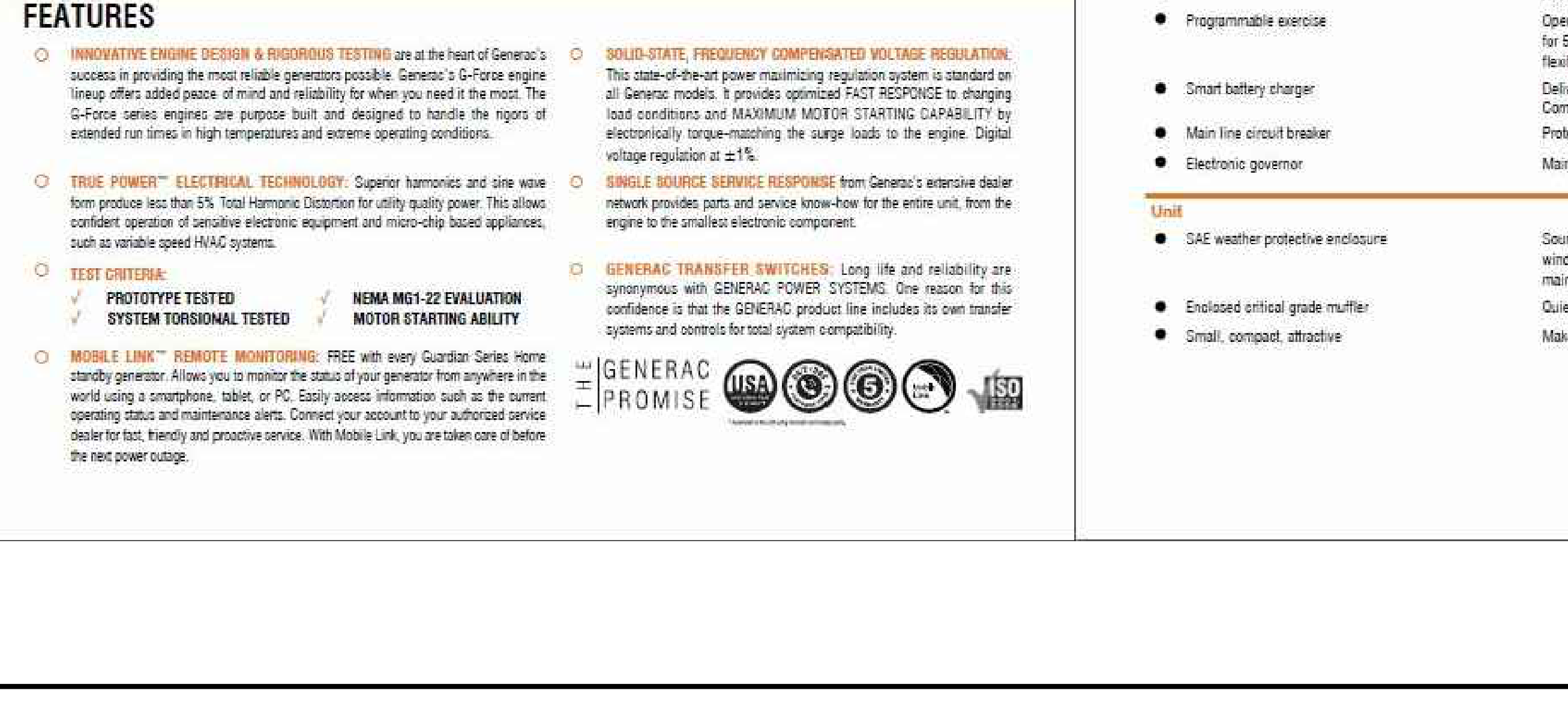 Generac brochure bottom section: Detailing features such as innovative engine design, testing criteria (Prototype and System Torsional tested), Mobile Link remote monitoring, and solid-state voltage regulation.
