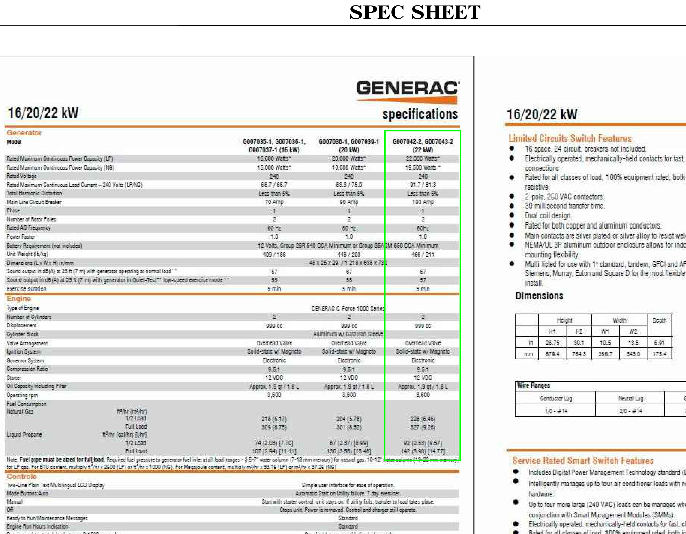 Generator specifications for Generac 16, 20, and 22 kW models. Includes detailed tables for electrical ratings, engine components, fuel consumption, and limited circuits switch features.