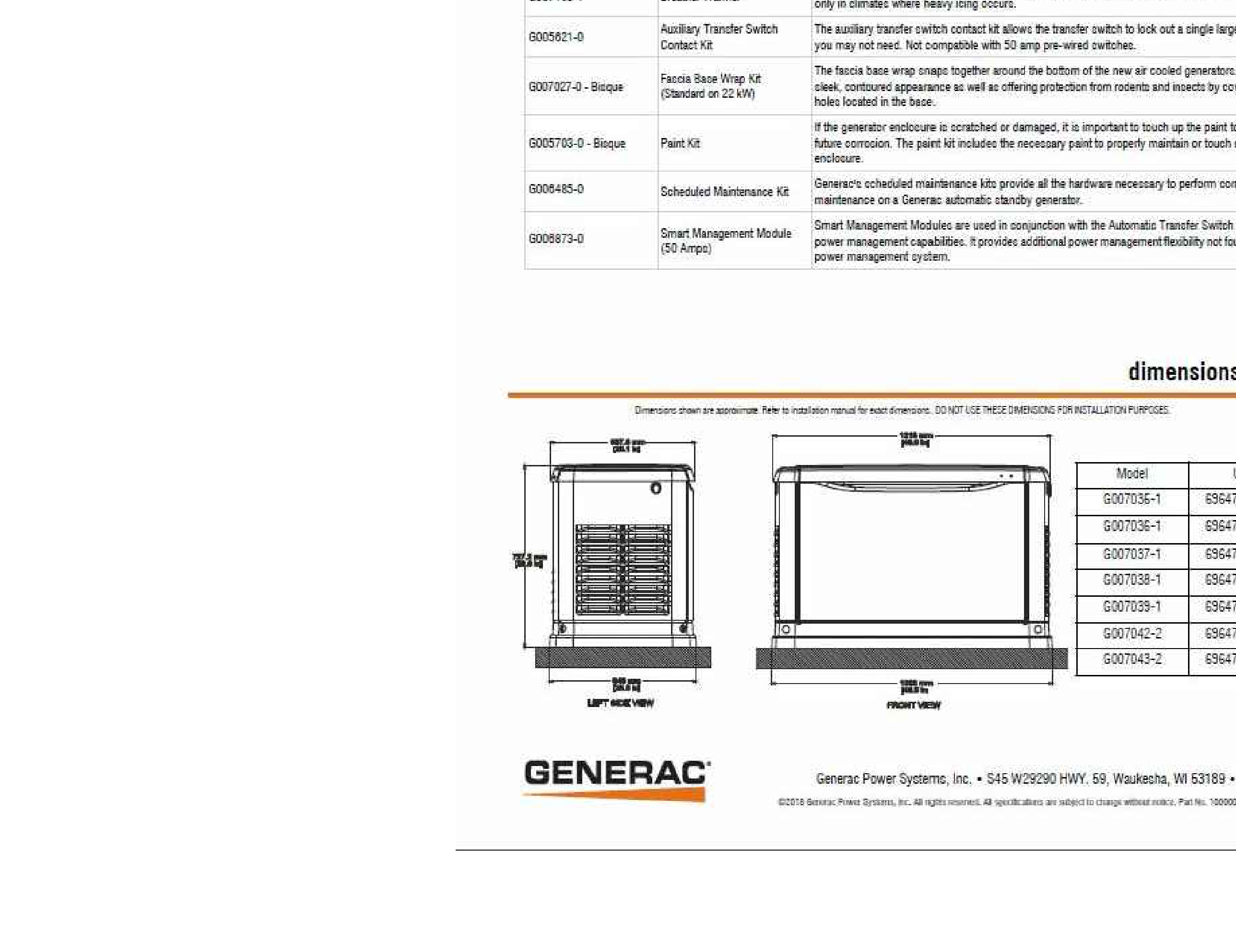 Generac 16/20/22 kW generator technical specifications. Includes an accessories table (fuel monitors, battery warmers, oil warmers, maintenance kits), generator dimension diagrams for front and left side views, and a UPC table for various generator models.