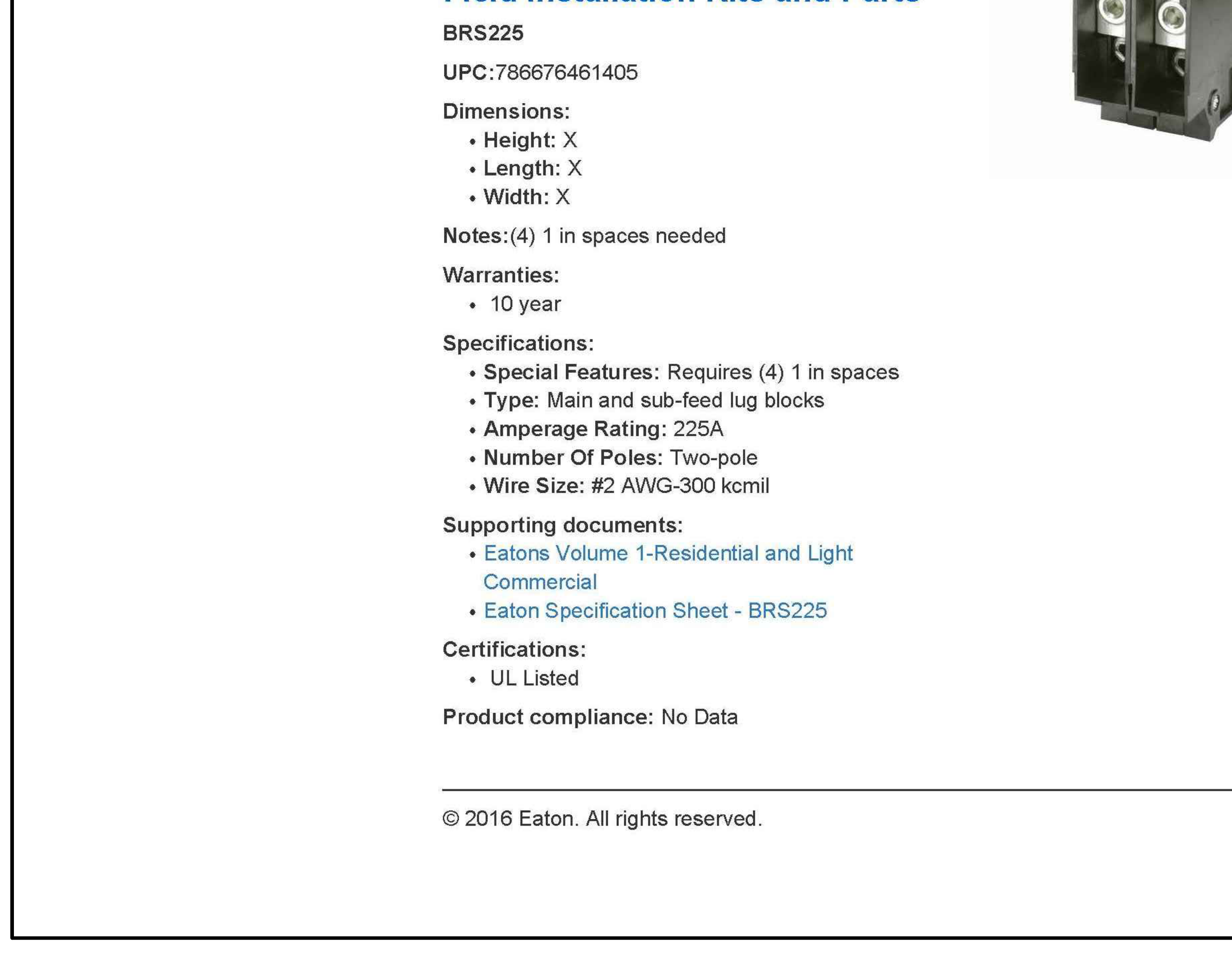 Product specification sheet for Eaton BRS225 Field Installation Kits and Parts. Includes product image of a two-pole lug block, dimensions, notes, and technical specifications.