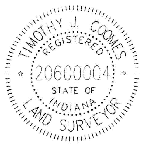 Seal of Timothy J. Coomes, Registered Land Surveyor State of Indiana License Number 20600004