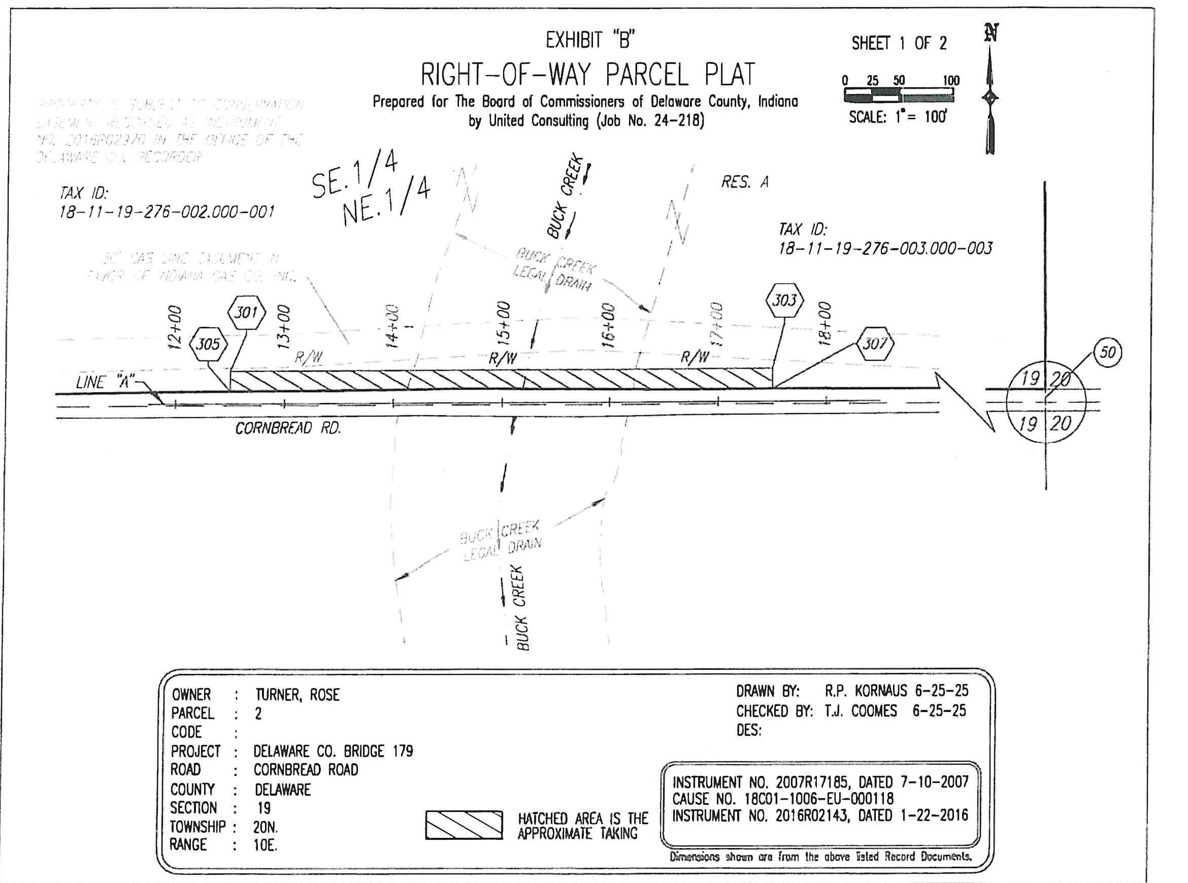 Exhibit B - Right-of-Way Parcel Plat showing property boundaries, stations, easements, owner info, and taking area for Delaware County Bridge 179