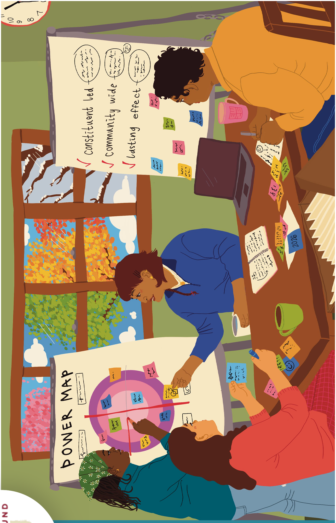 Illustration of several people gathered around a table with laptops, papers, sticky notes, and flip charts. One flip chart reads “POWER MAP”; another lists “Constituent led,” “Community wide,” and “Lasting effect.” A four-pane window in the background shows different seasonal scenes.