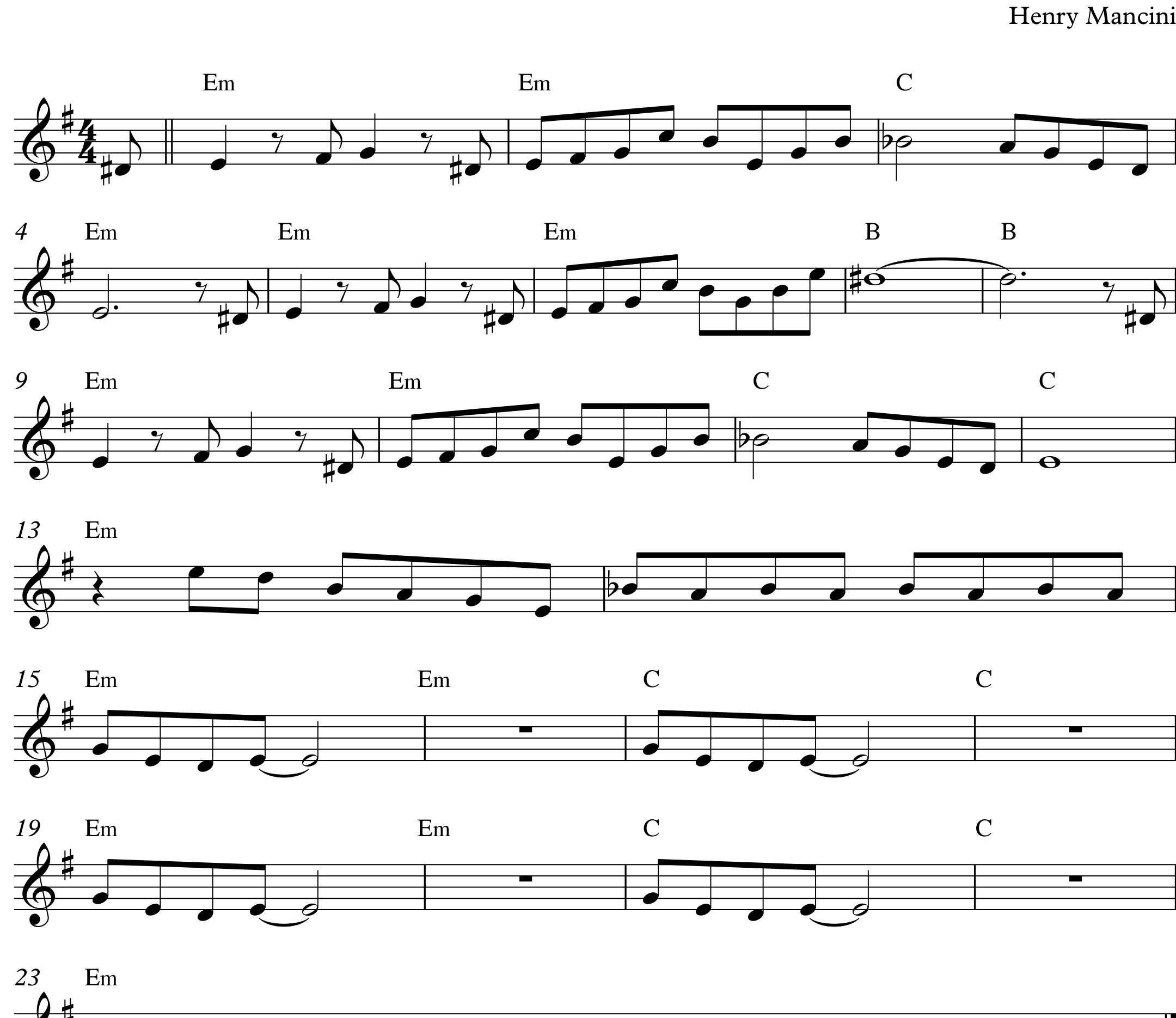 Sheet music for The Pink Panther in E minor and 4/4 time