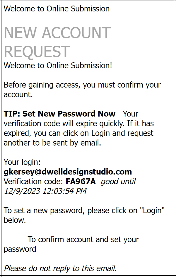 ProjectDox New Account Request email with account confirmation instructions, login email address, and a temporary verification code.