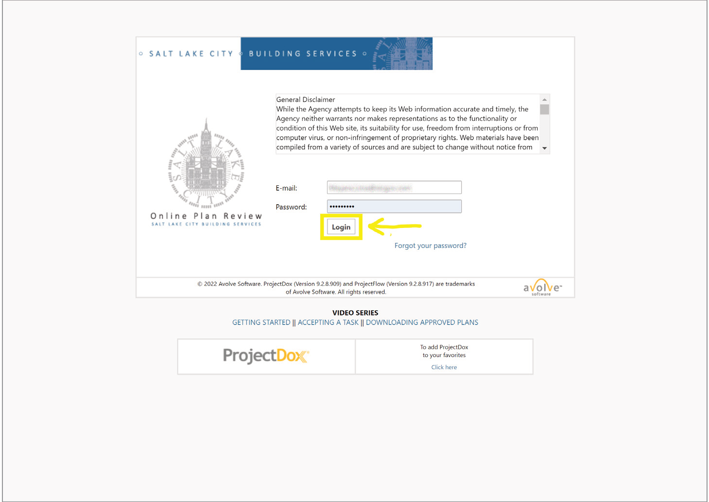 Salt Lake City Building Services ProjectDox login screen with email and password fields and the Login button highlighted.