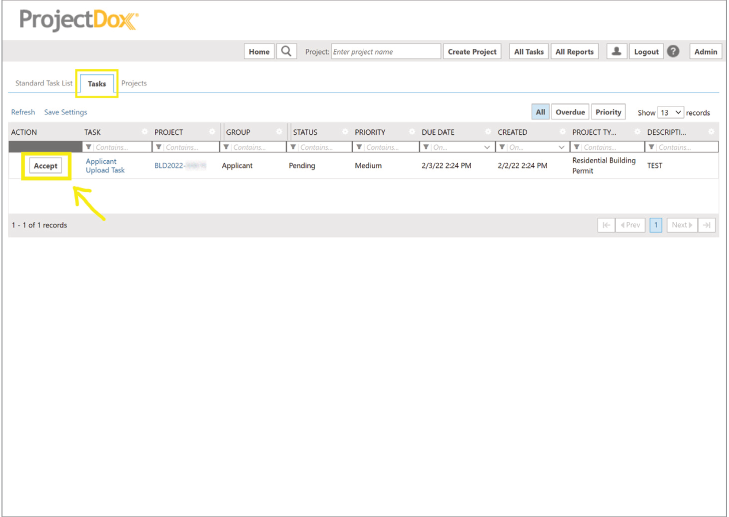 ProjectDox Tasks table with the Tasks tab and Accept button for Applicant Upload Task highlighted.