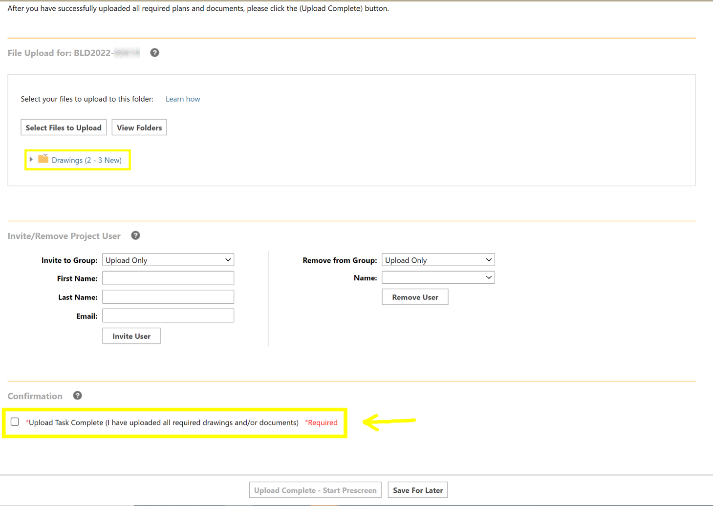 ProjectDox uploaded drawings folder with the required Upload Task Complete checkbox.