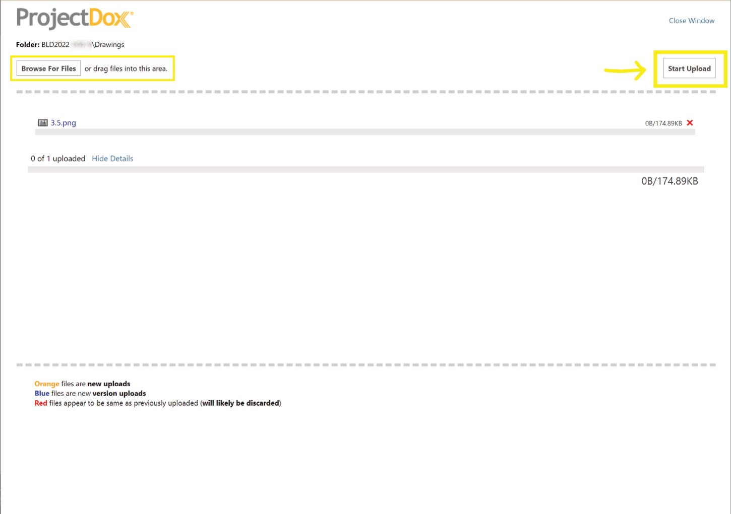 ProjectDox file upload interface with the Browse For Files area and Start Upload button highlighted.