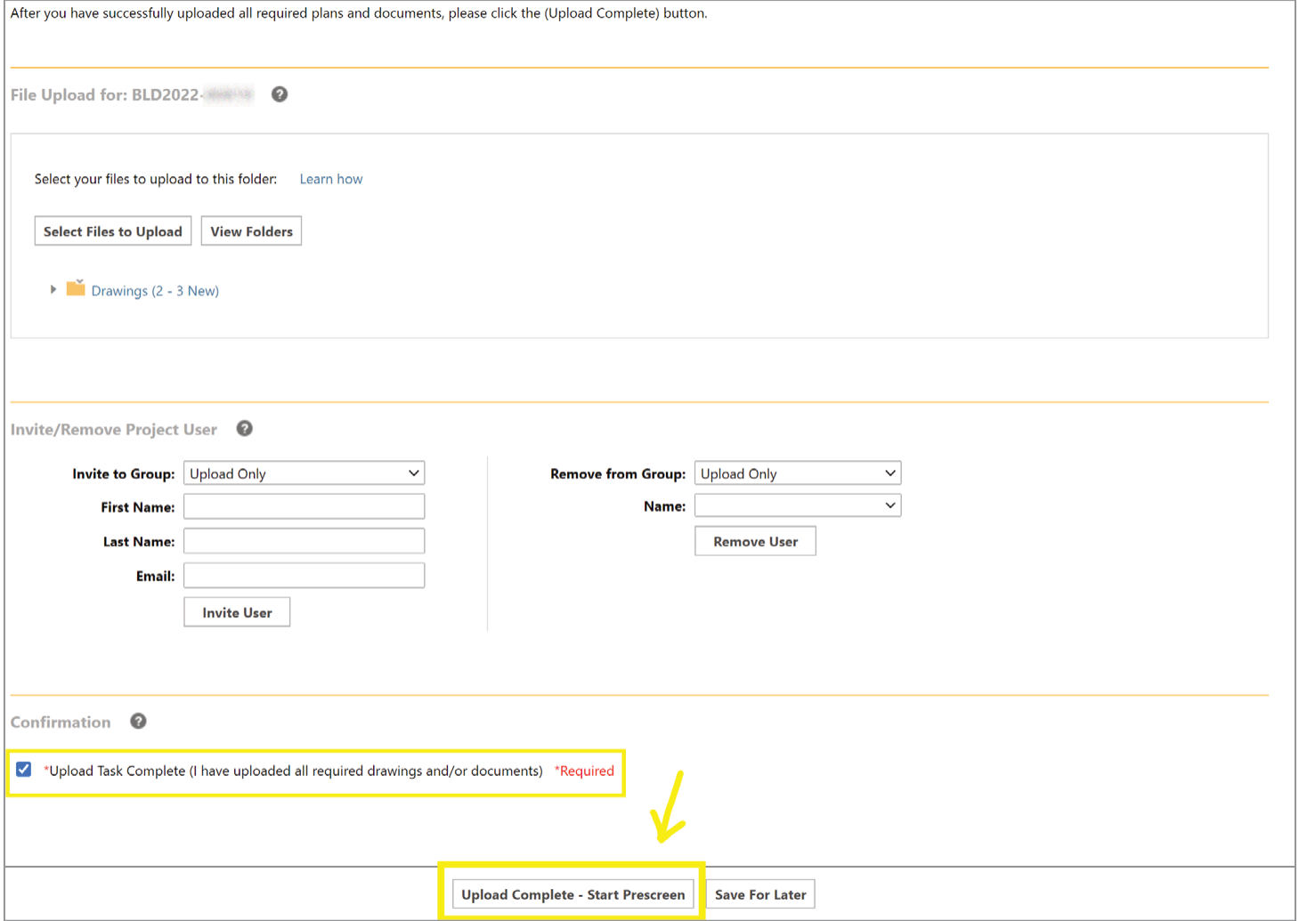 ProjectDox interface with the confirmation checkbox checked and Upload Complete - Start Prescreen button highlighted.