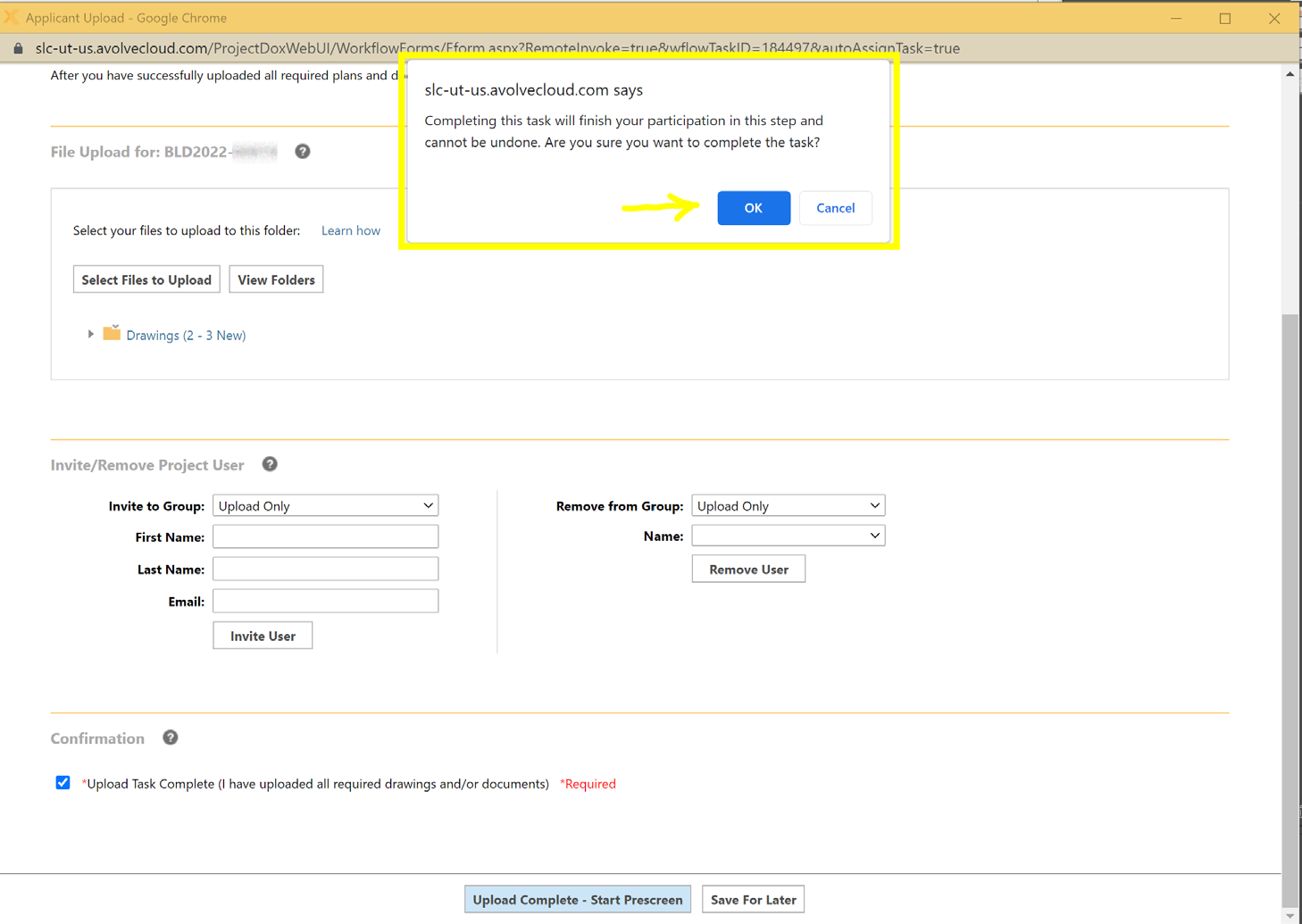 Confirmation dialog warning that completing the task cannot be undone, with the OK button highlighted.