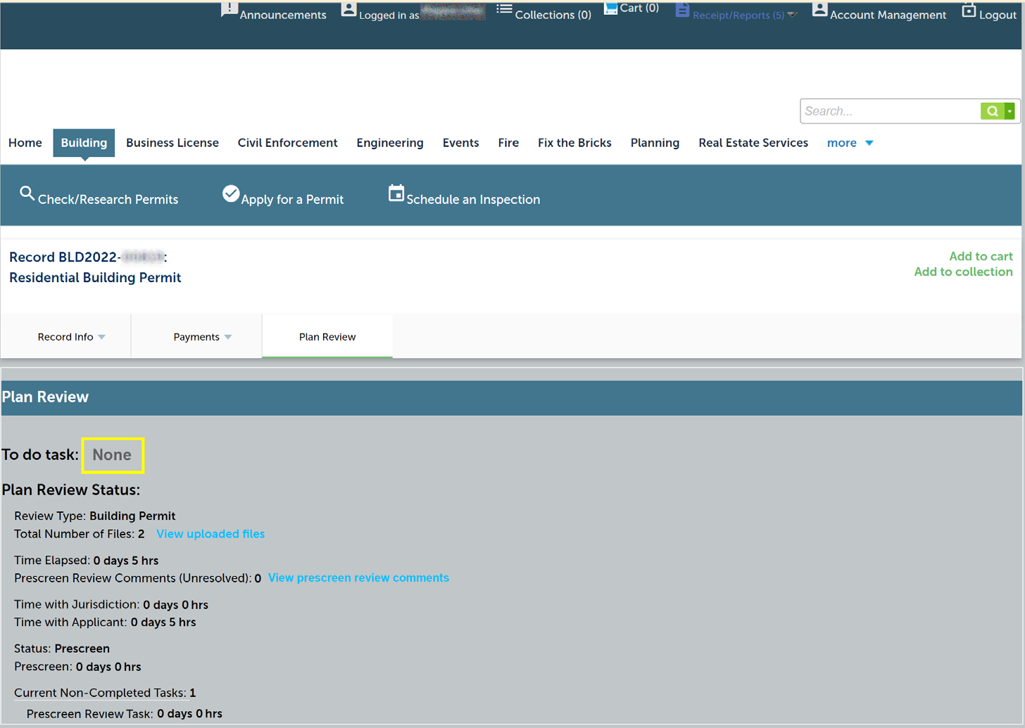 Citizen Access Portal Plan Review tab with To do task set to None and Plan Review Status information.