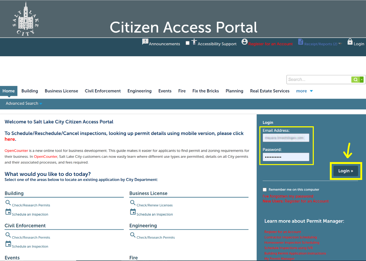 Citizen Access Portal with the Email Address and Password fields and Login button highlighted.
