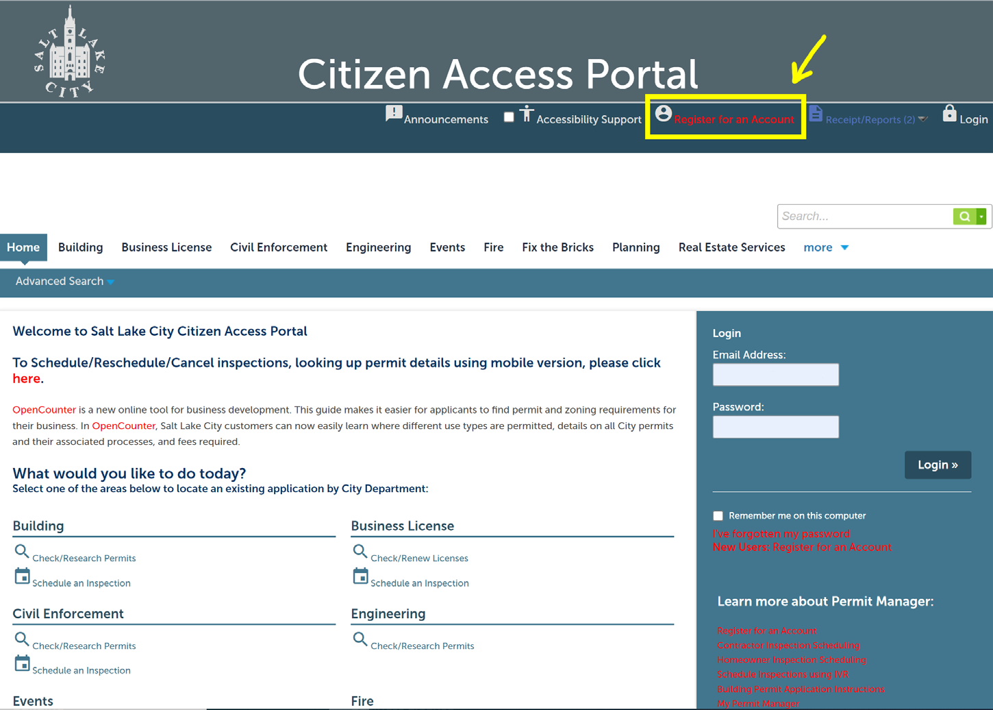 Citizen Access Portal with the Register for an Account link highlighted in the top right.