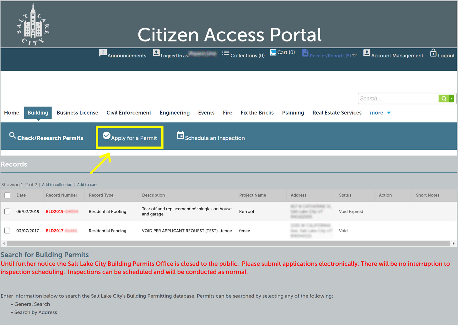 Citizen Access Portal Building permits page with an arrow pointing to Apply for a Permit.