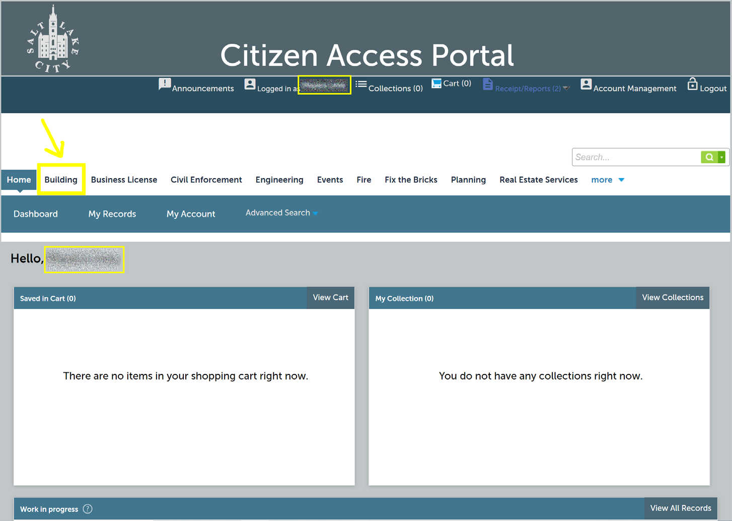 Citizen Access Portal dashboard with the Building tab and logged-in user name highlighted.