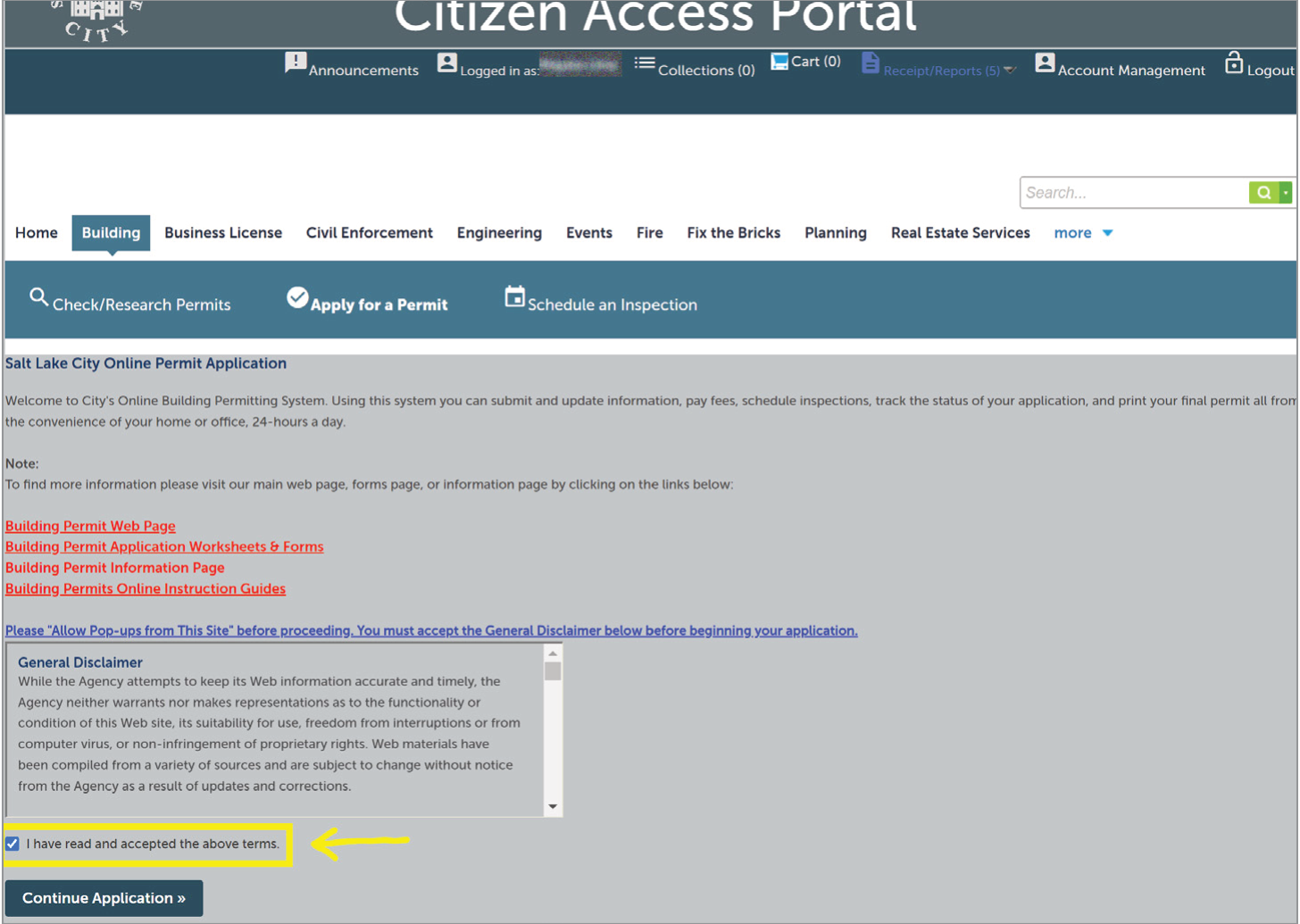 Citizen Access Portal General Disclaimer with the acceptance checkbox highlighted above Continue Application.