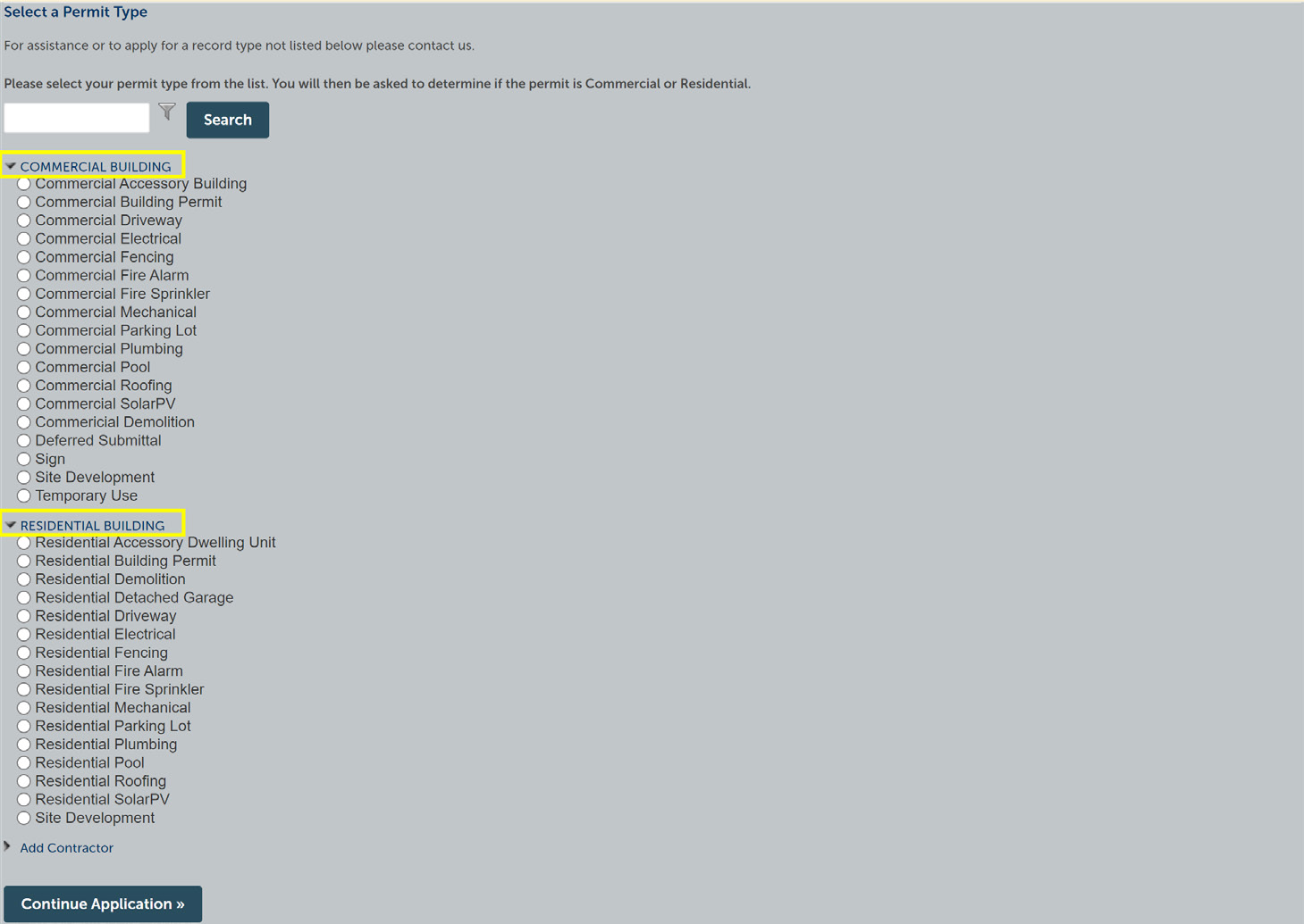 Permit selection screen with Commercial Building and Residential Building categories and permit options.