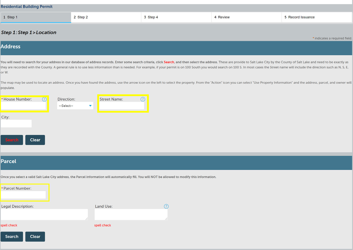 Location step with Address fields and Parcel fields, each with a Search button.