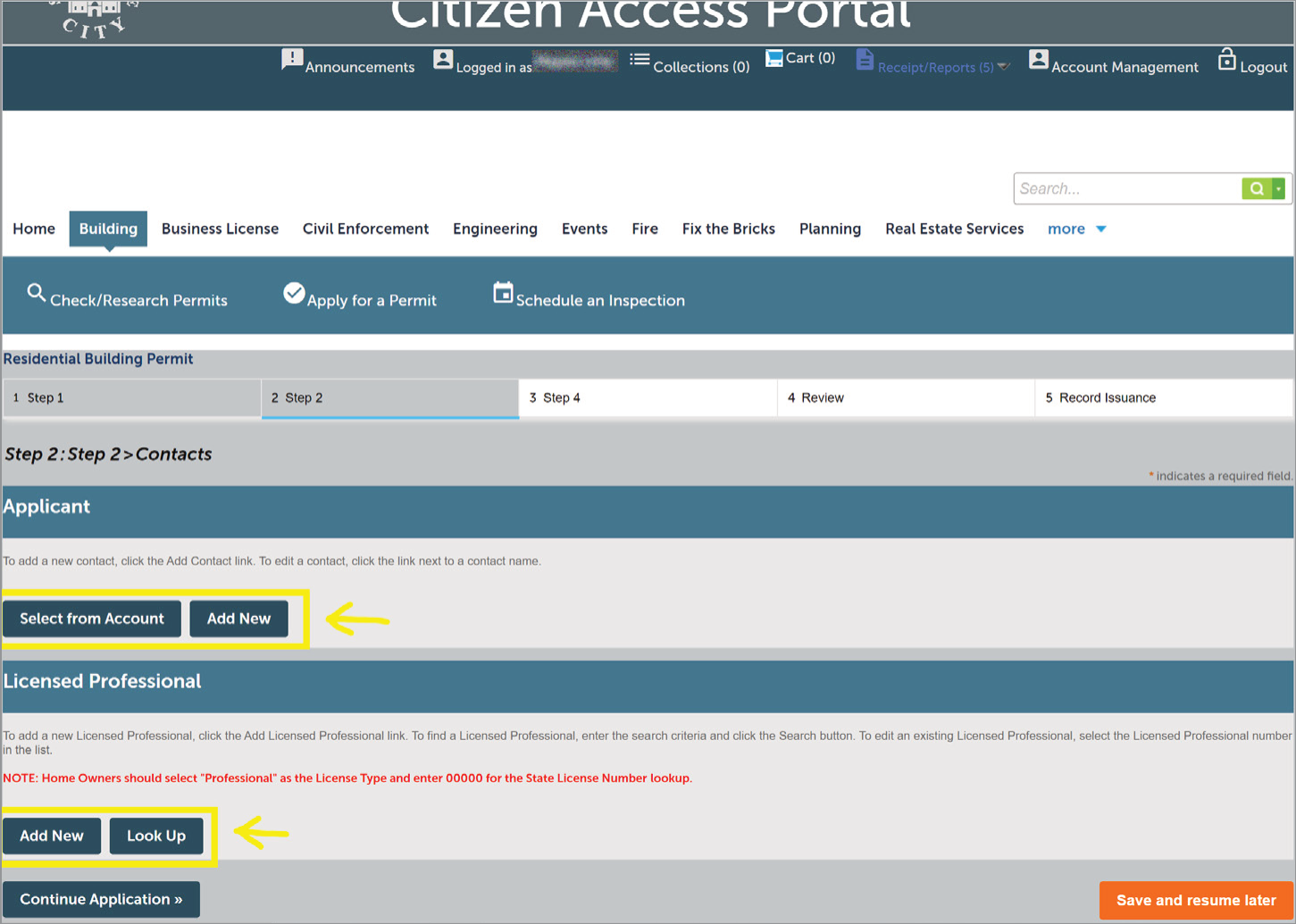 Contacts step with account and add-new options for Applicant and lookup options for Licensed Professional.