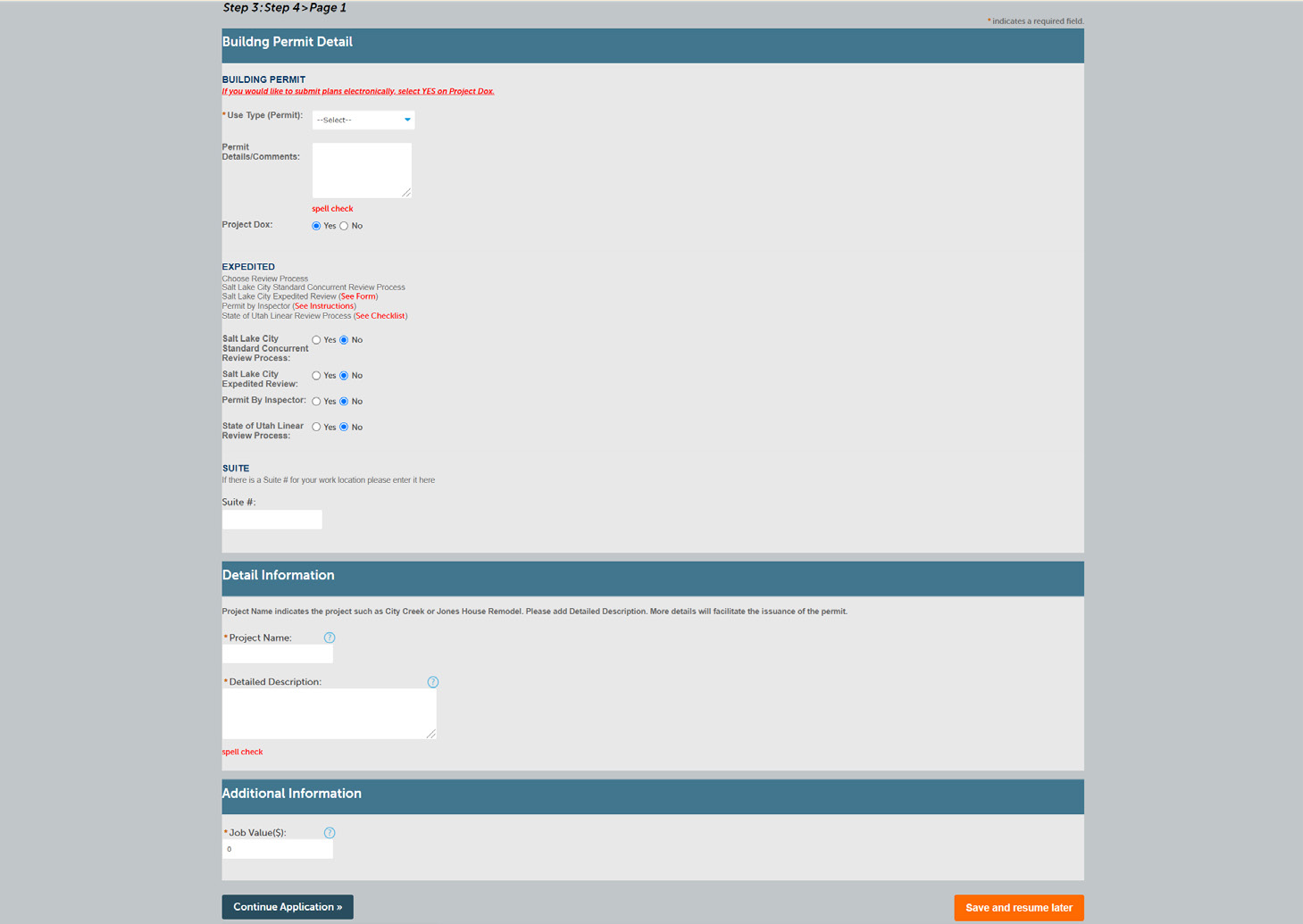 Building Permit Detail form with use type, expedited review choices, and additional project information fields.