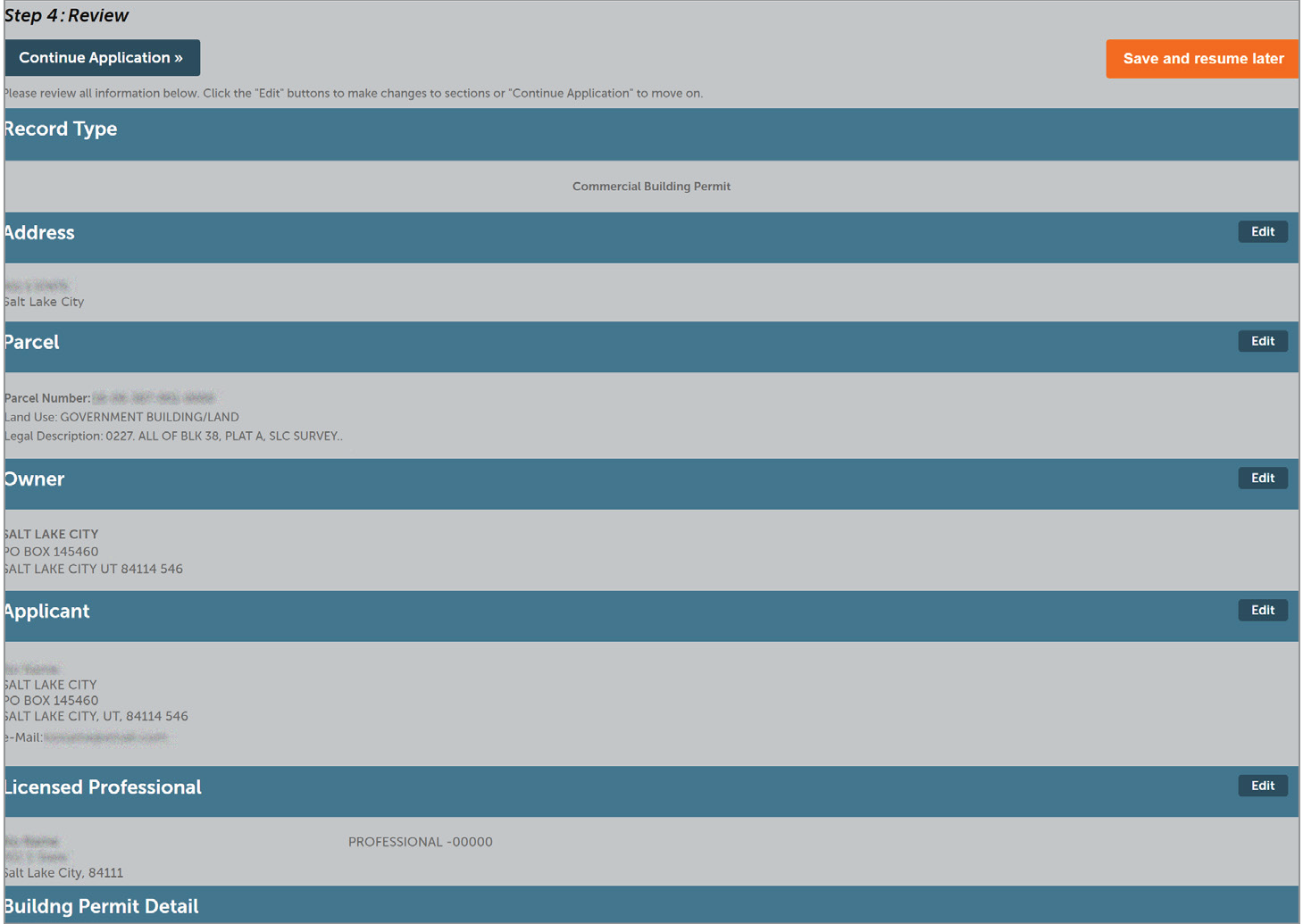 Review page showing Record Type, Address, Parcel, Owner, Applicant, and Licensed Professional sections.