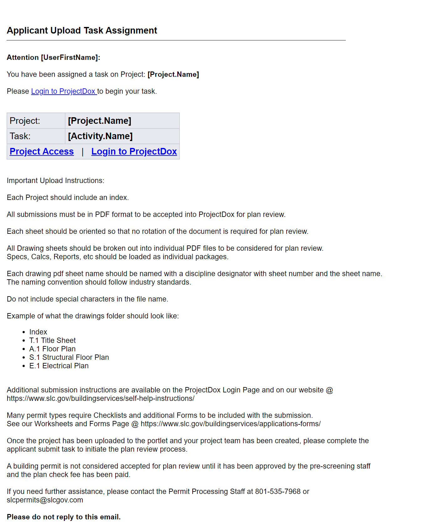 ProjectDox Applicant Upload Task Assignment email with project access details and plan-review file instructions.