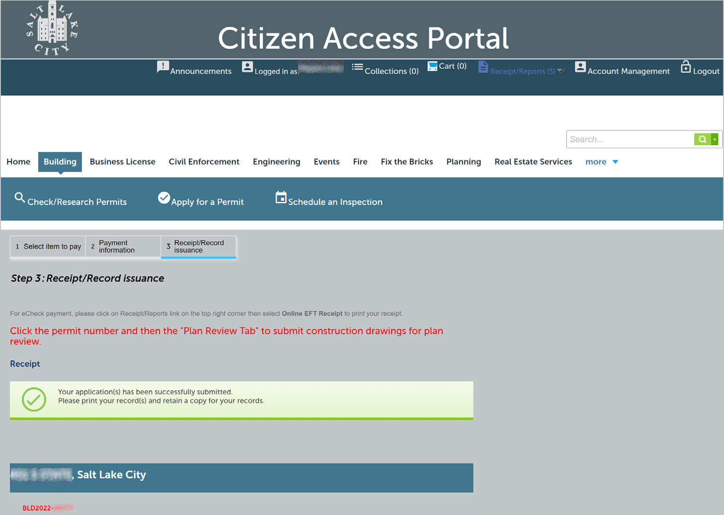 Citizen Access Portal receipt page with a green message confirming the application was successfully submitted.