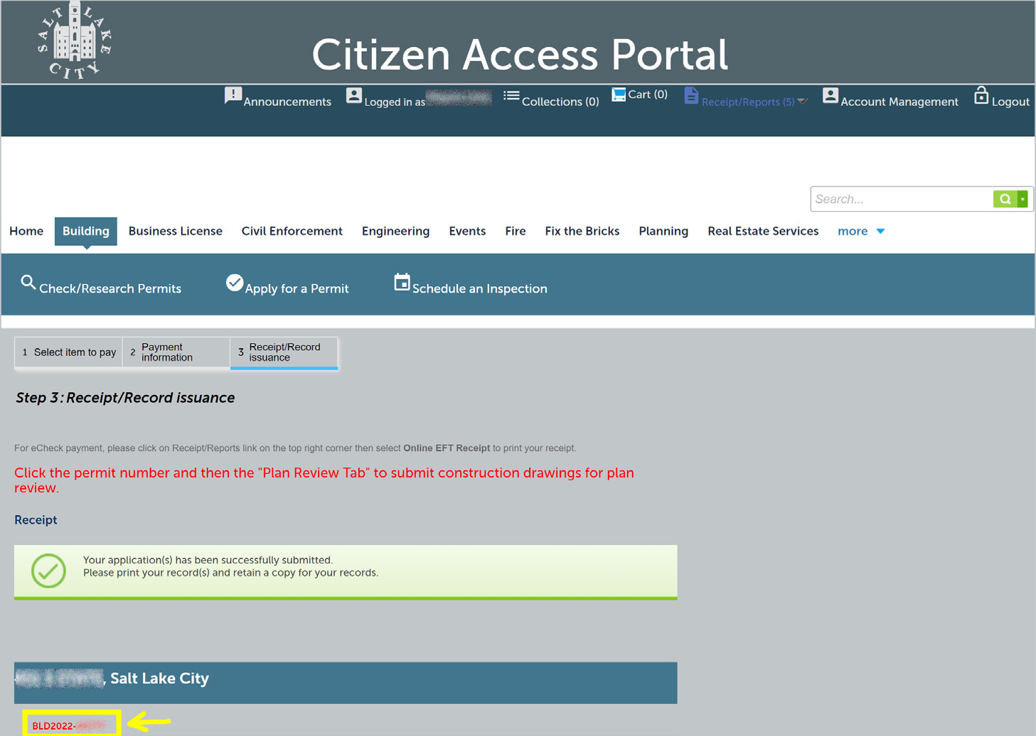 Citizen Access Portal receipt screen with an arrow pointing to the permit record number.