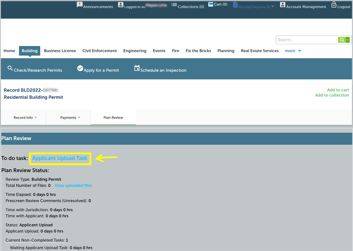 Plan Review tab with the Applicant Upload Task button highlighted.