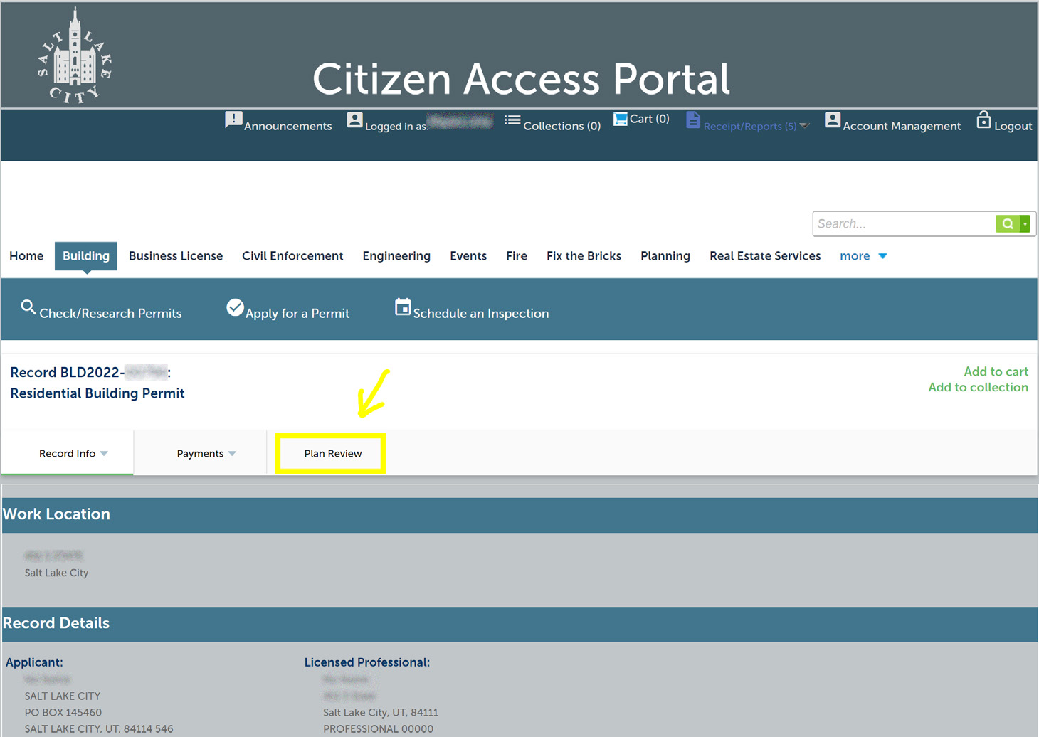 Citizen Access Portal with the Plan Review tab highlighted by an arrow.