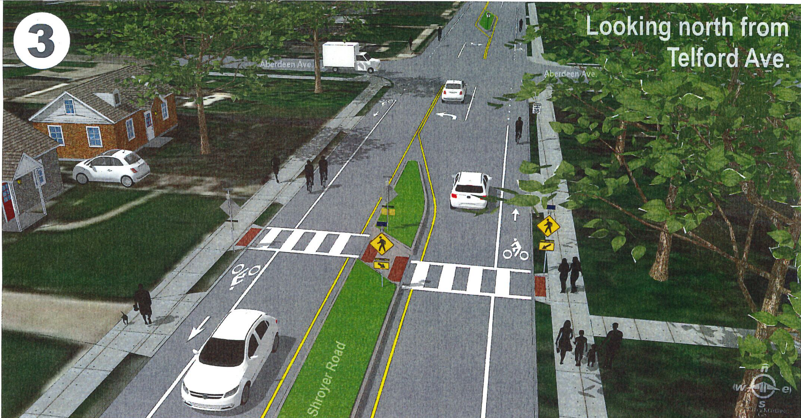 Proposed view looking north from Telford Ave along Shroyer Road showing a pedestrian refuge island, marked crosswalks, and bike lanes
