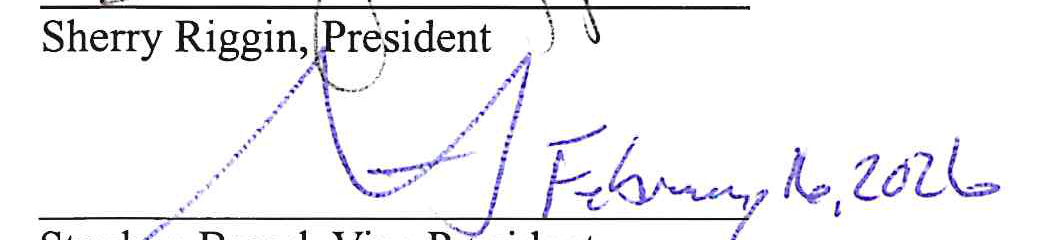 Signature of Stephen Brand, Vice President with handwritten date February 16, 2026